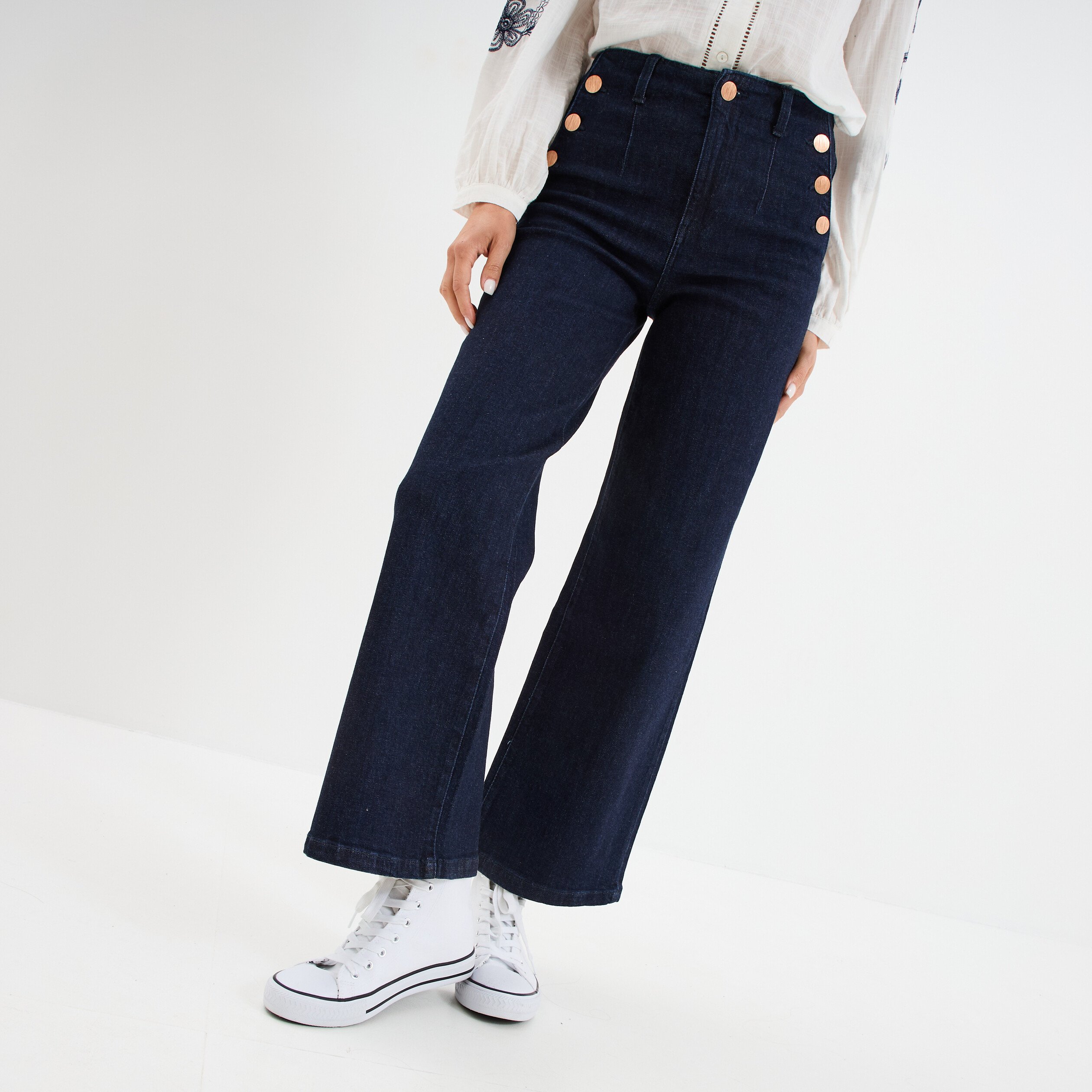 Jeans flare 7/8ème taille haute coton denim brut femme
