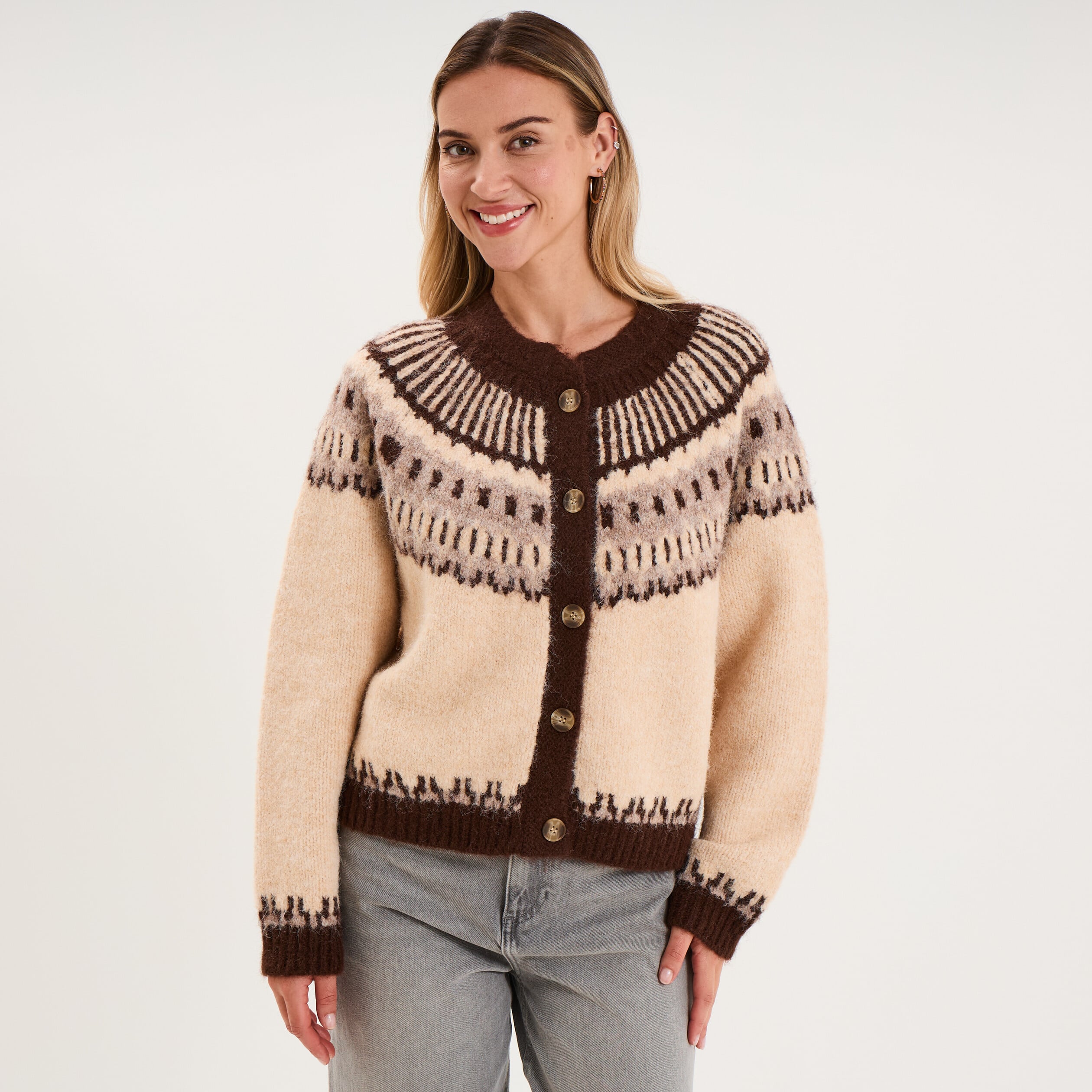 Gilet col rond manches longues beige femme