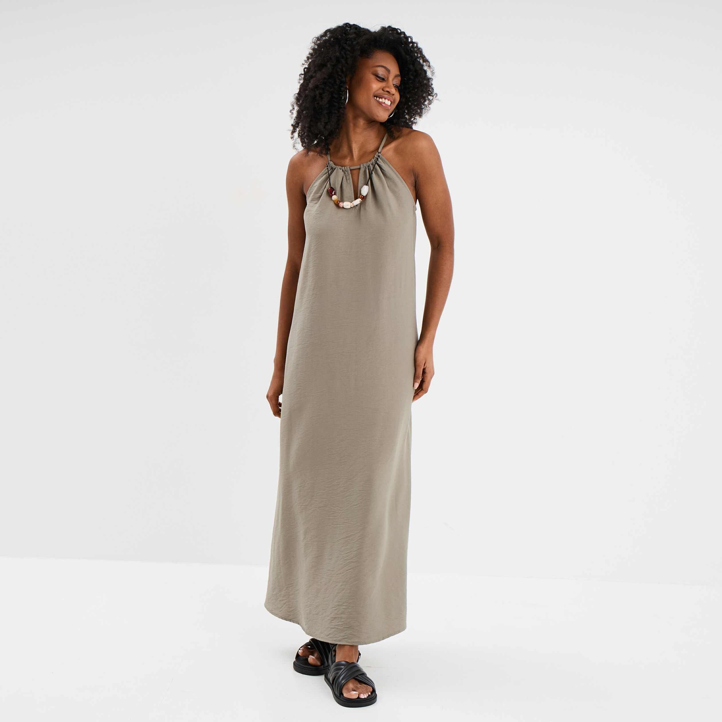 robe longue col bijou amovible vert kaki femme Robe longue col bijou amovible vert kaki femme