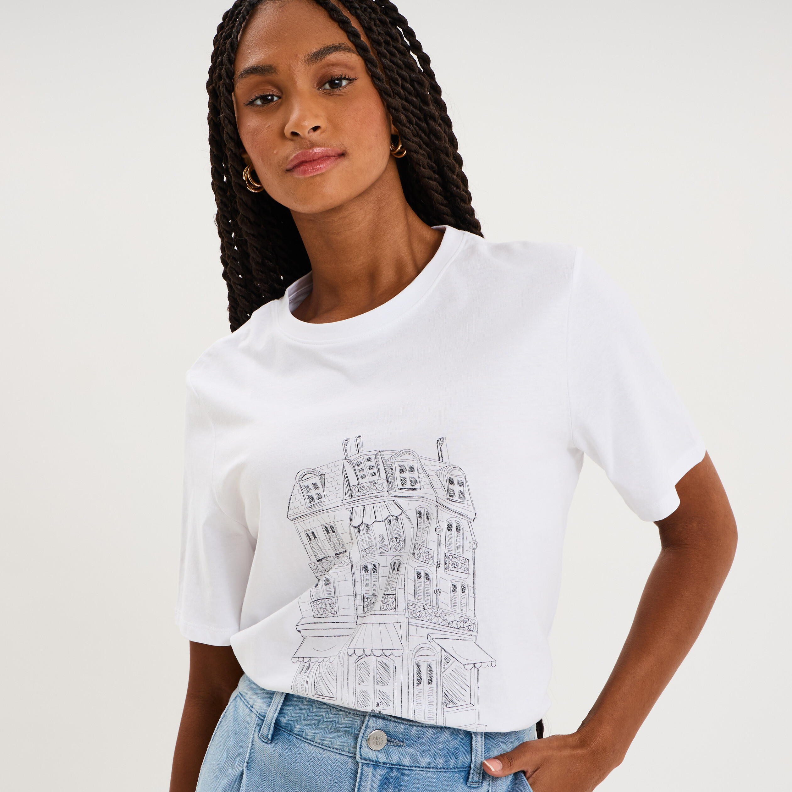 T-shirt col rond manches courtes imprim&eacute; blanc femme