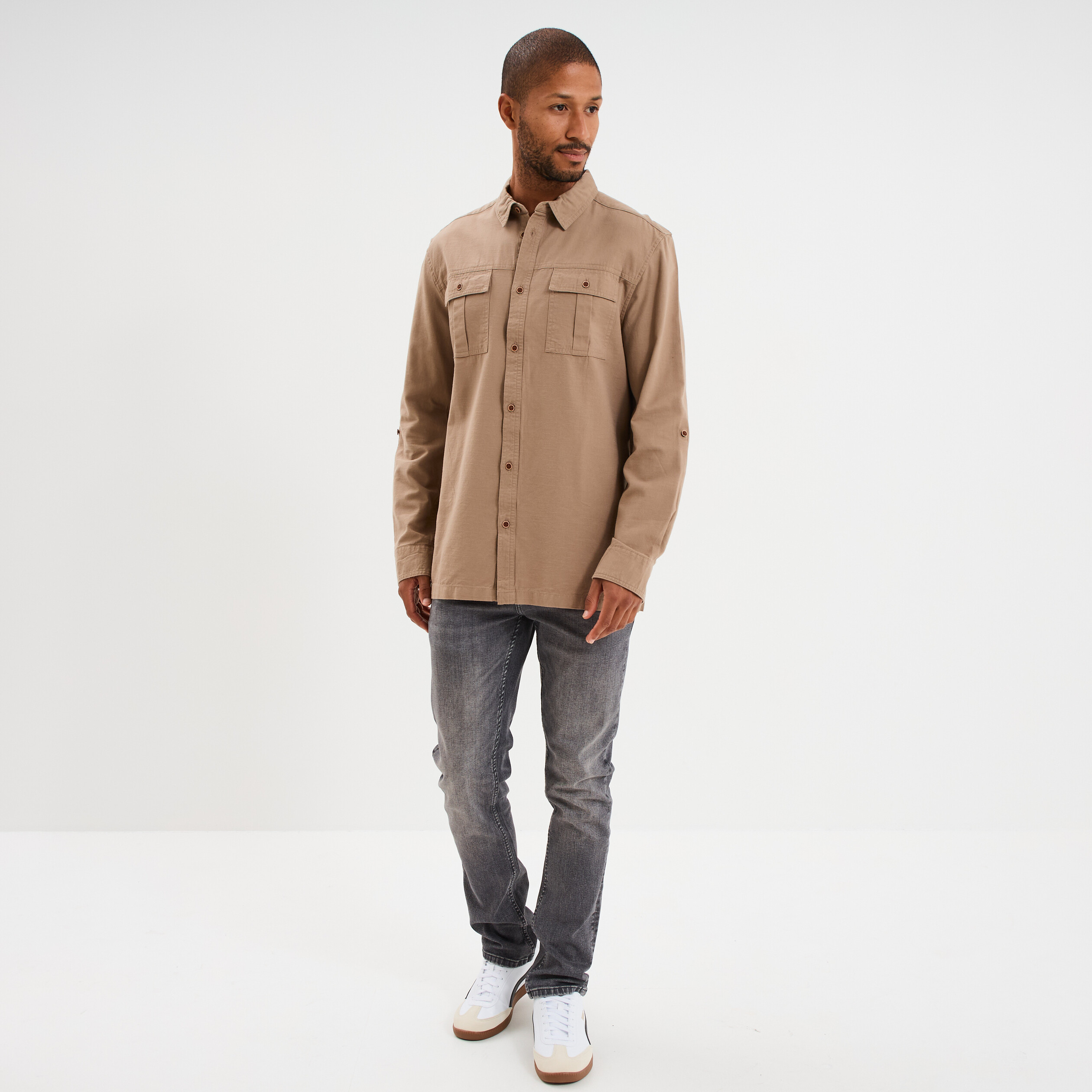 Chemise manches retroussables taupe homme