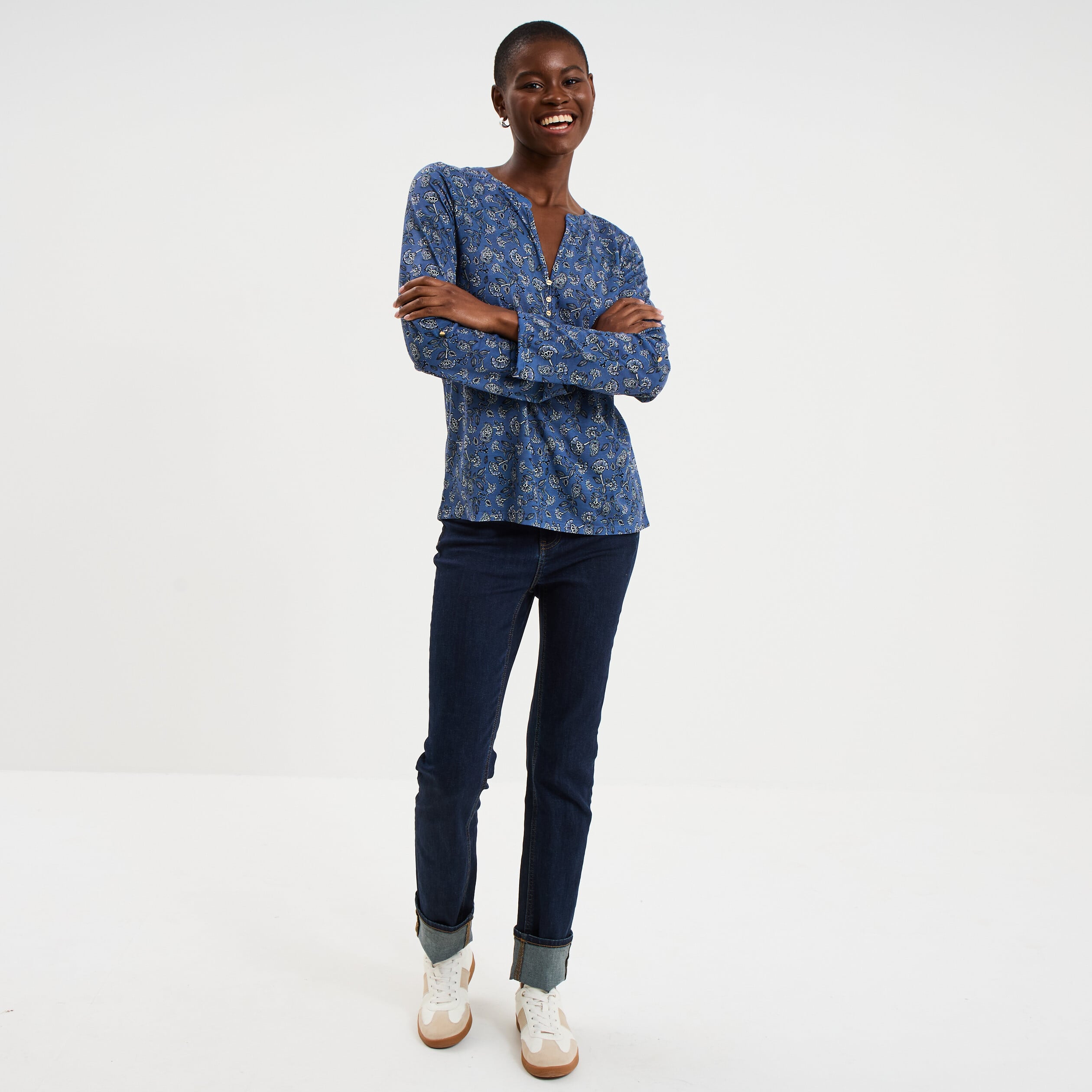 T-shirt col mao manches retroussables bleu gris femme