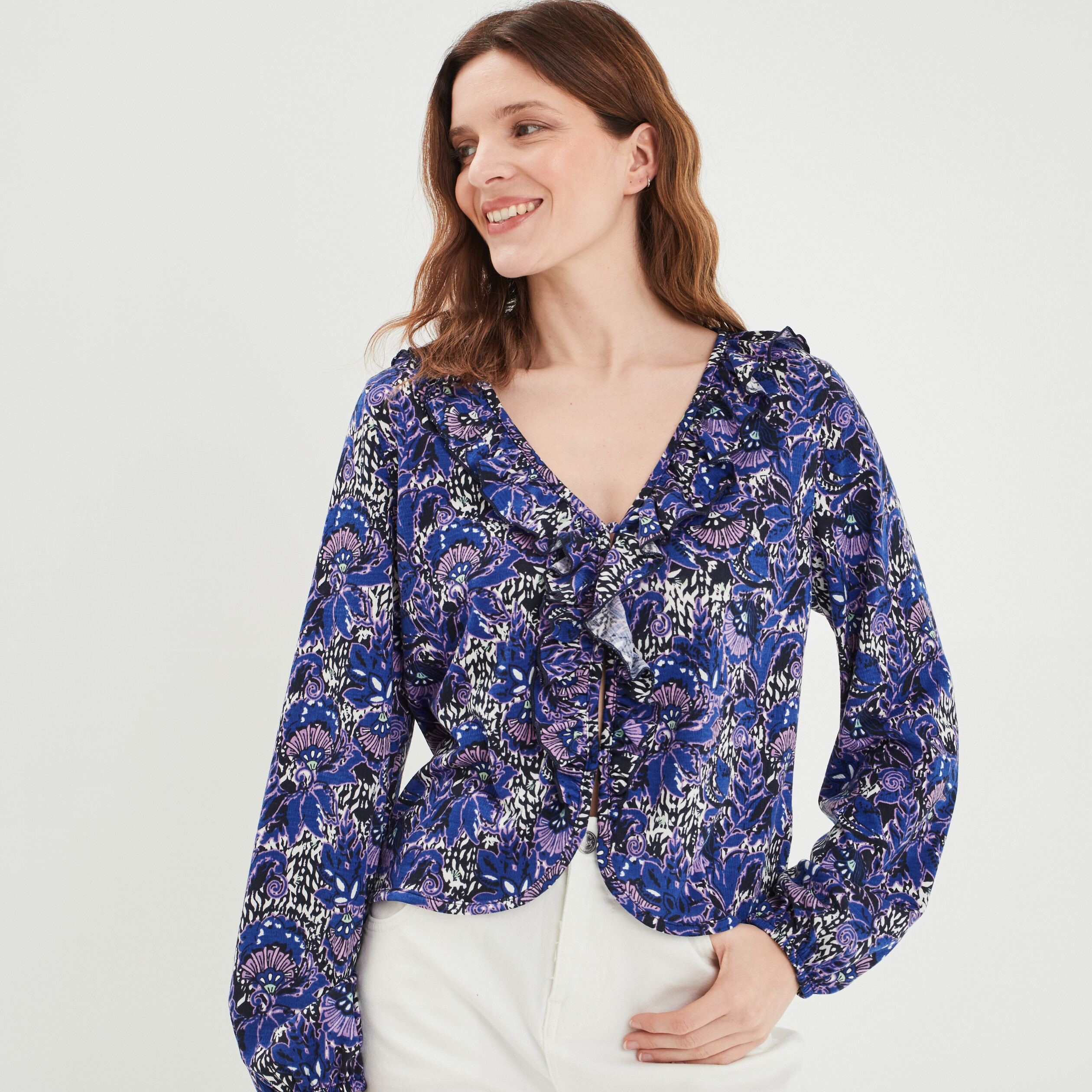 T-shirt manches longues à volants bleu marine femme