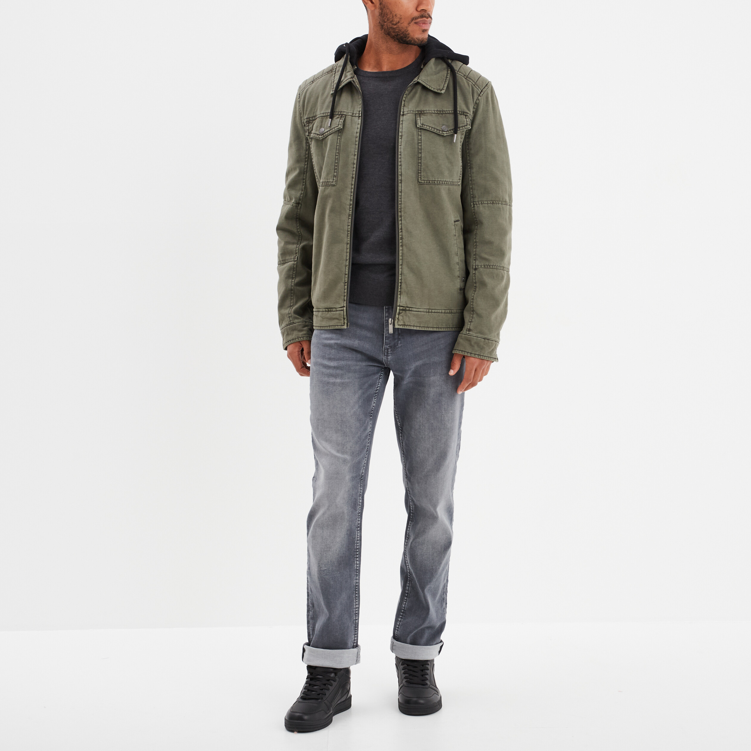 pull droit col rond coton melange gris fonce homme Pull droit col rond coton mélangé gris foncé homme