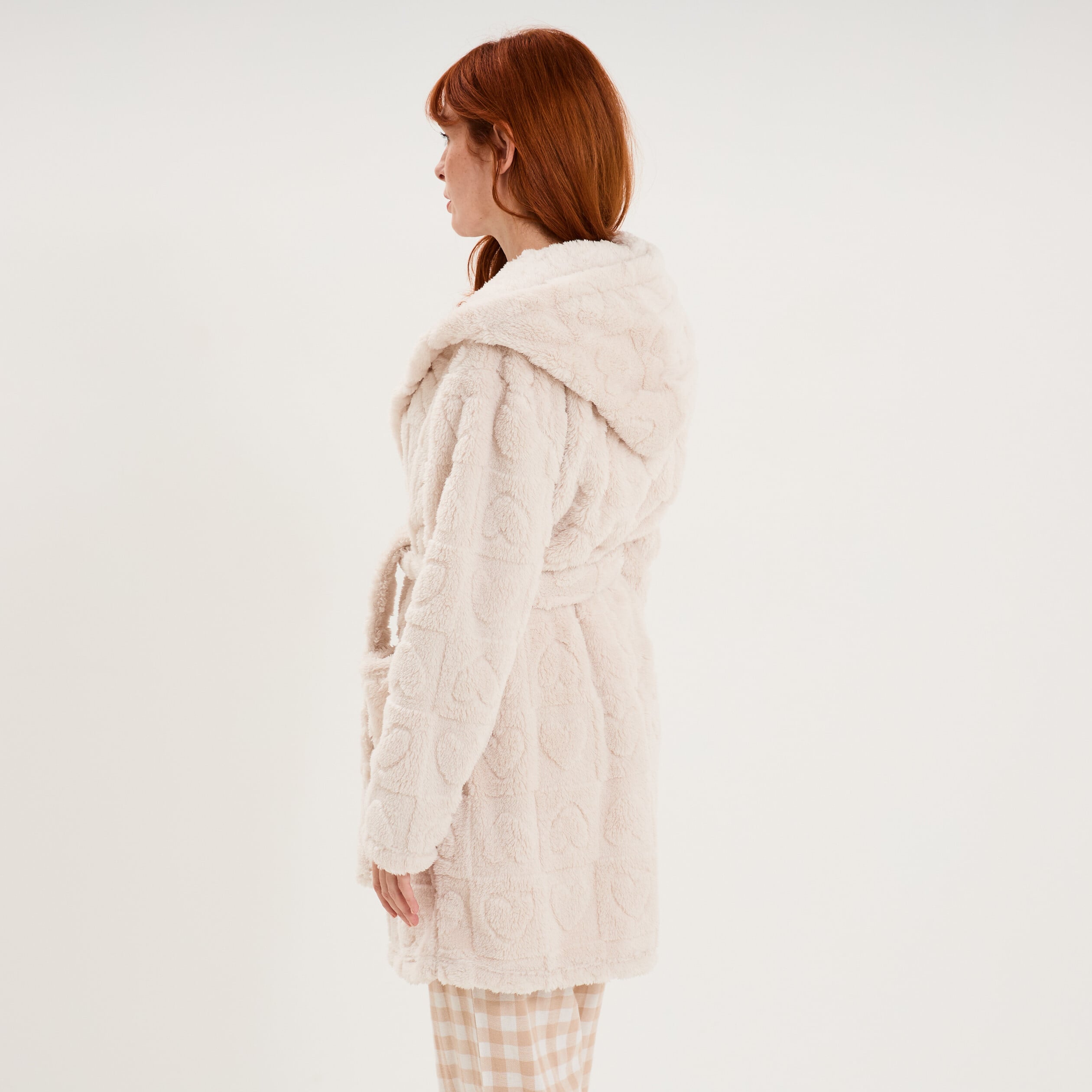 Peignoir court &agrave; capuche molletonn&eacute; blanc femme