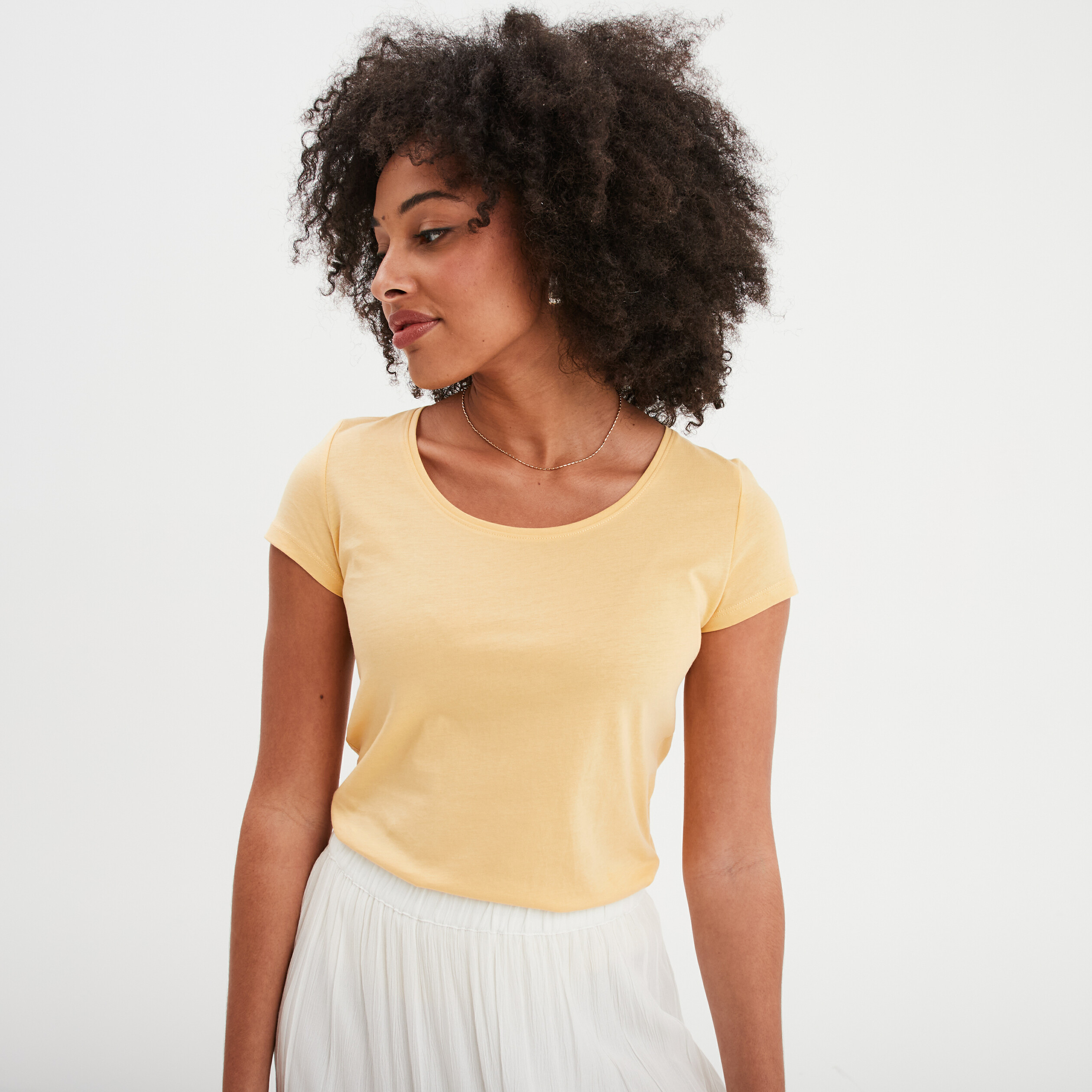 t shirt coton col rond manches courtes jaune clair femme T-shirt coton col rond manches courtes jaune clair femme
