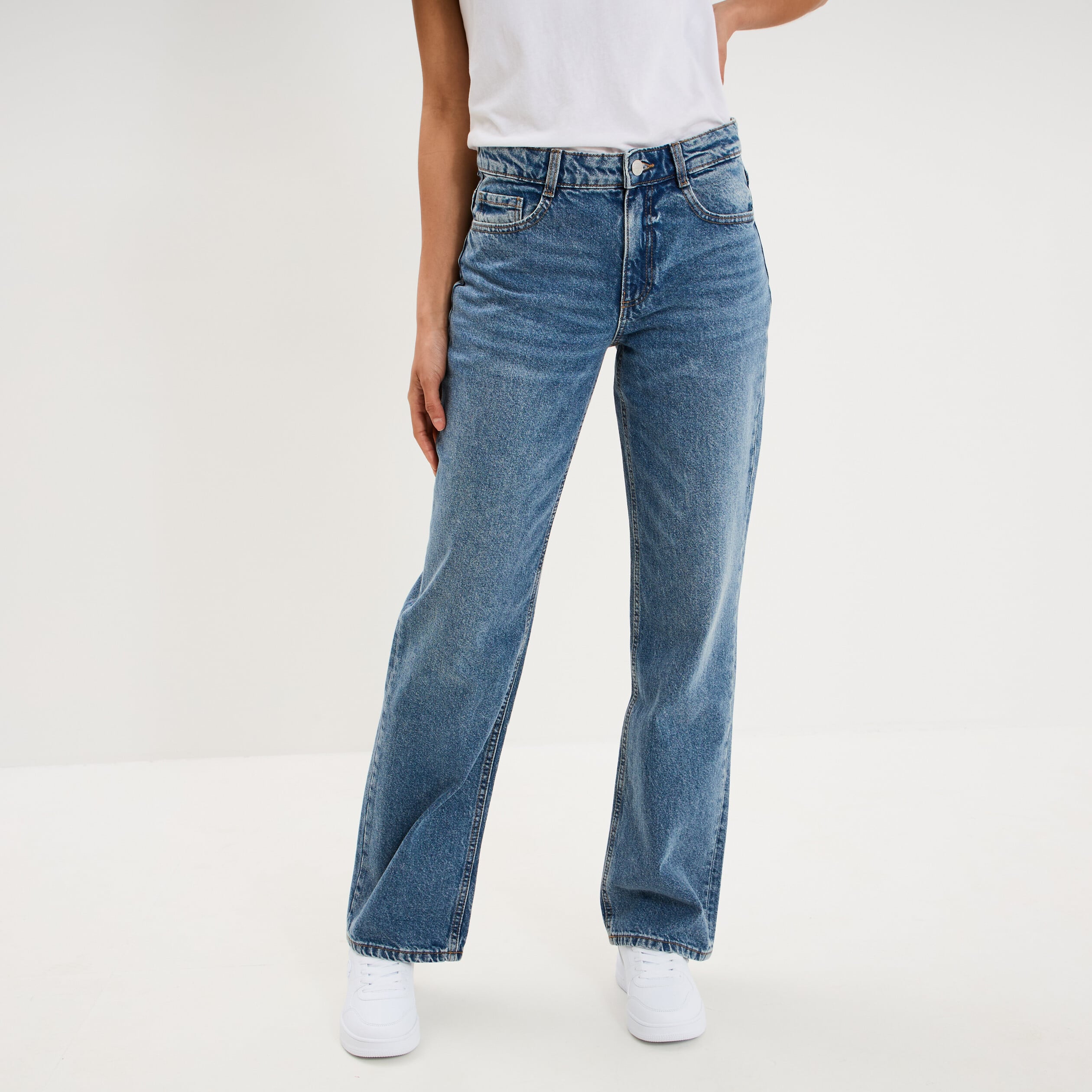 Jean droit taille basse coton denim stone femme