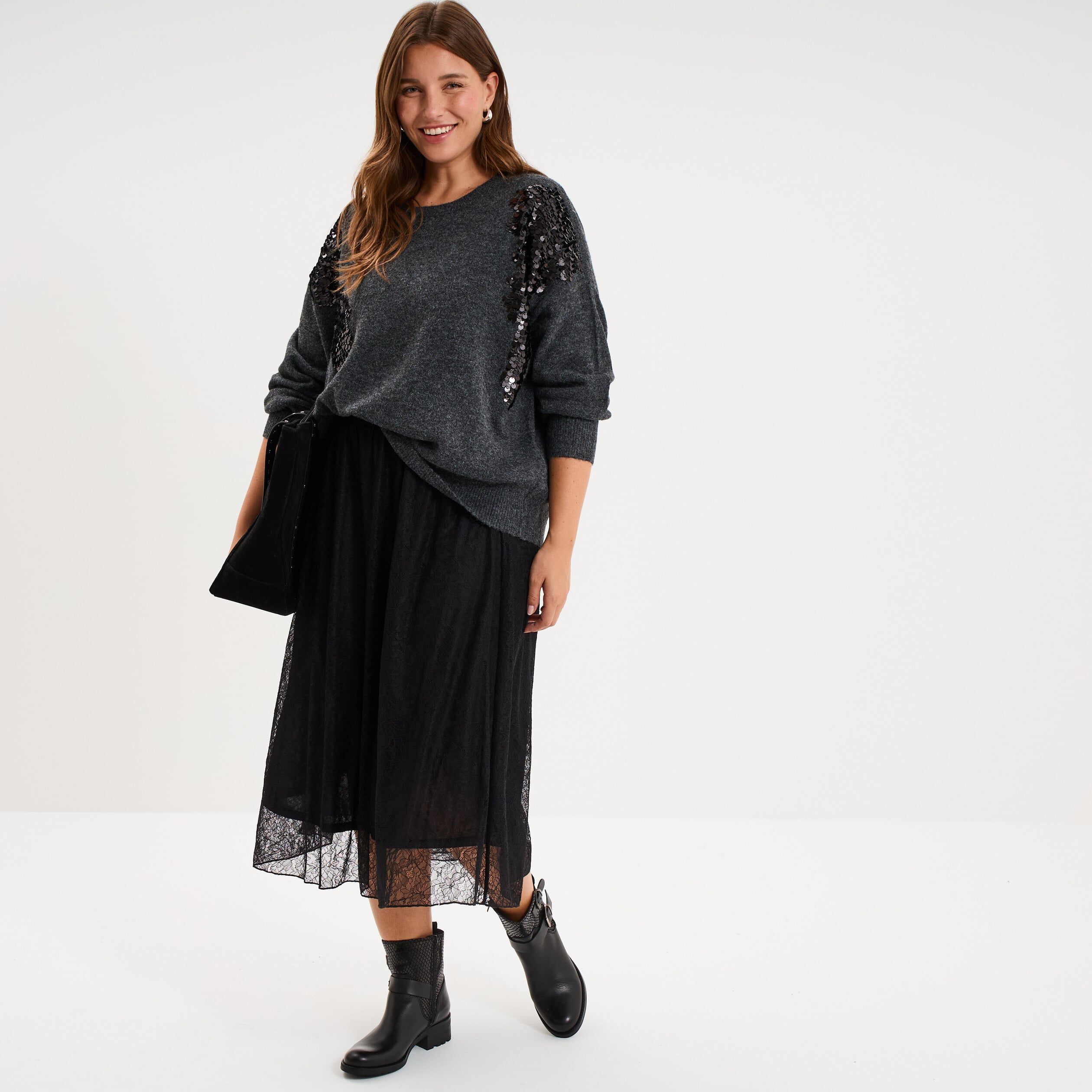 Jupe longue &eacute;vas&eacute;e en dentelle noir femme grande taille