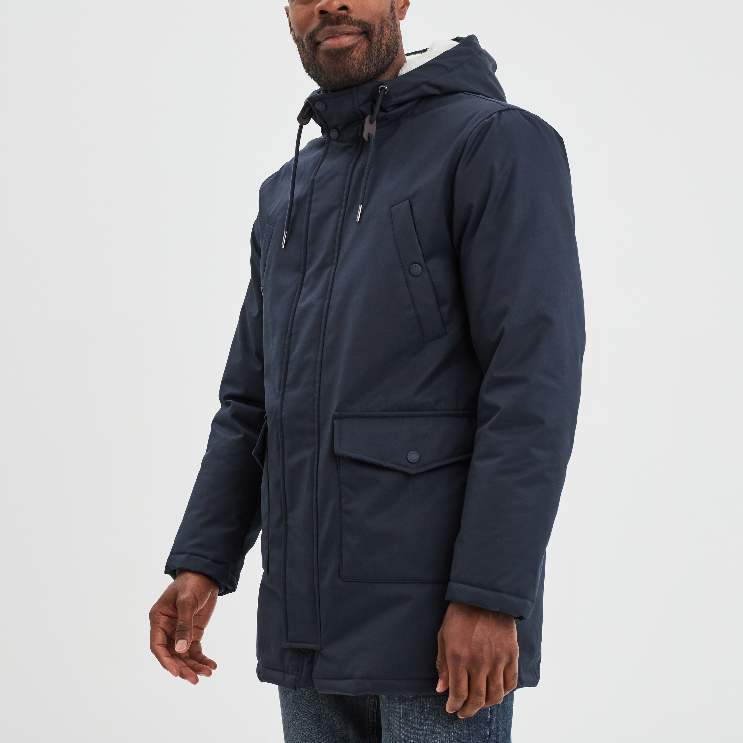 Parka mi longue doublee a capuche bleu fonce homme