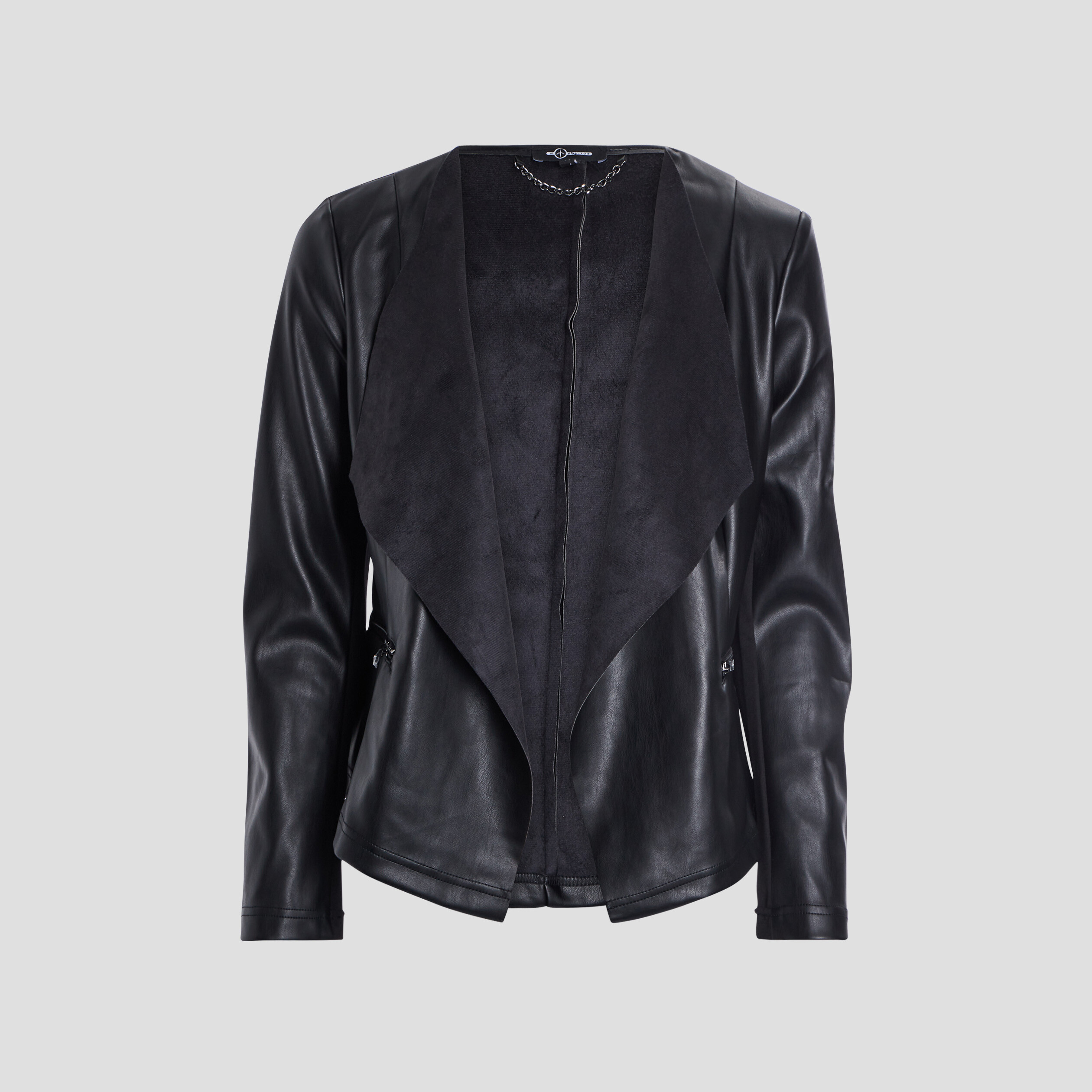 Veste droite simili cuir à col châle noir femme