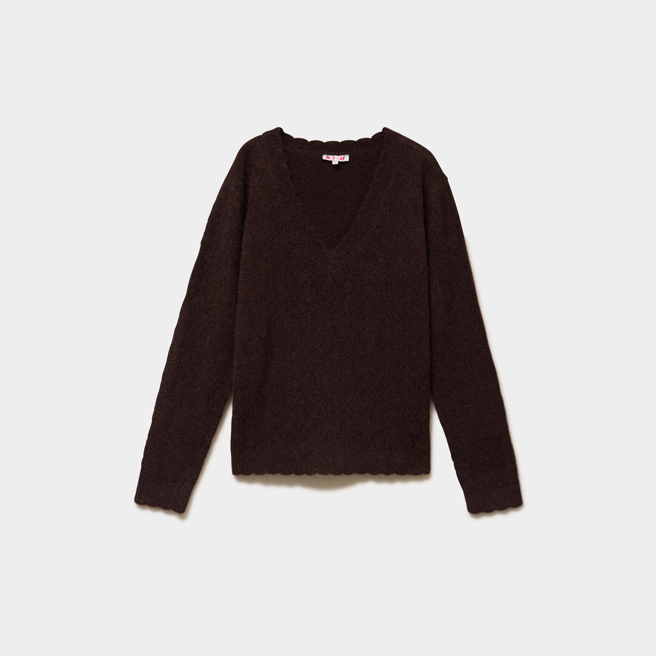 Pull col V ajour&eacute; manches longues marron fonc&eacute; femme