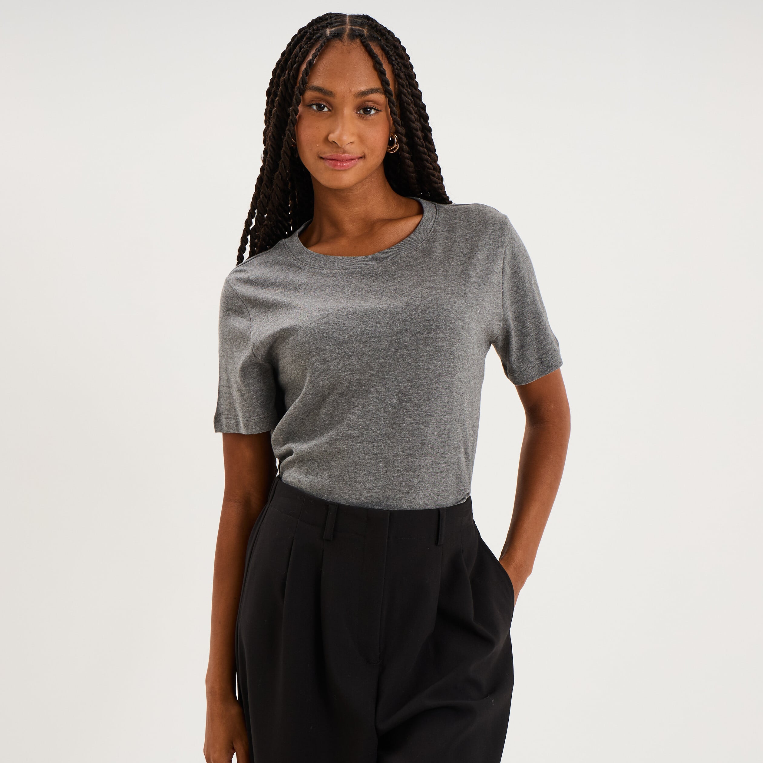 T-shirt col rond manches courtes coton gris femme