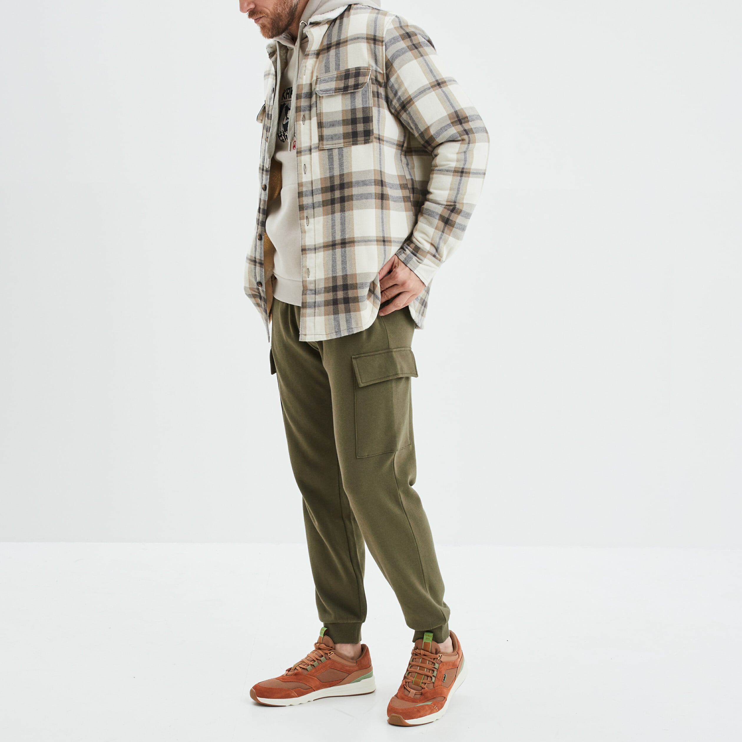 Surchemise carreaux doubl&eacute;e effet sherpa beige homme