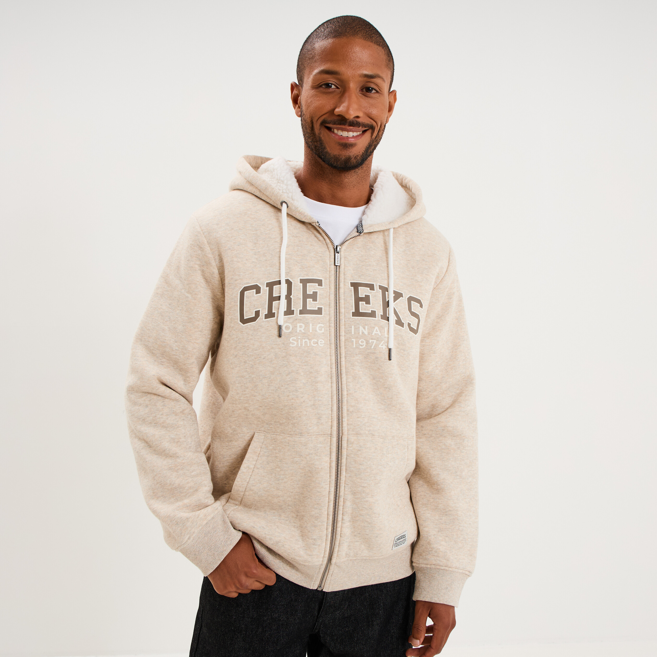 Sweat zipp&eacute; &agrave; capuche doubl&eacute; polaire beige homme