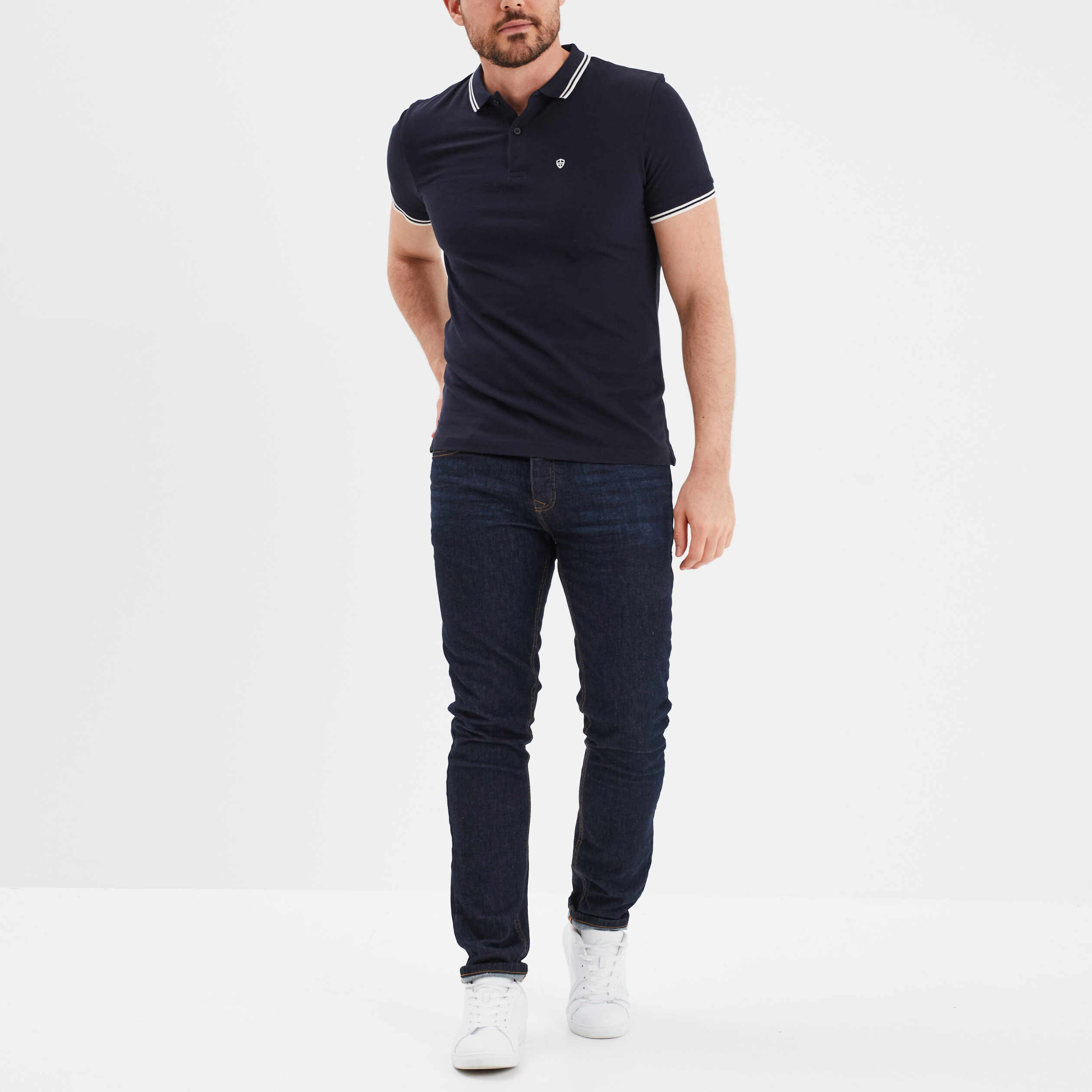 Polo piqu&eacute; coton manches courtes bleu marine homme