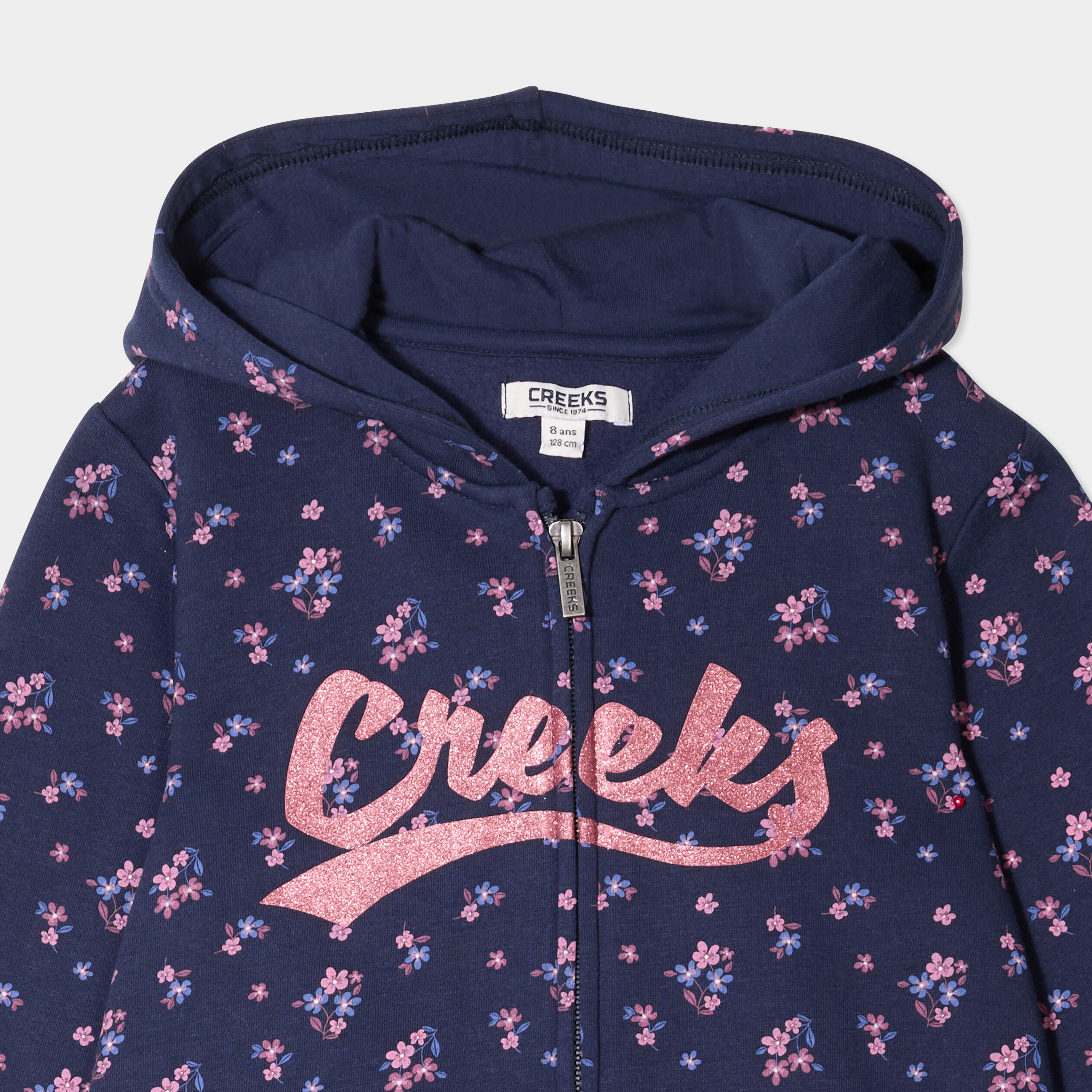 Sweat zipp&eacute; &agrave; capuche bleu marine fille
