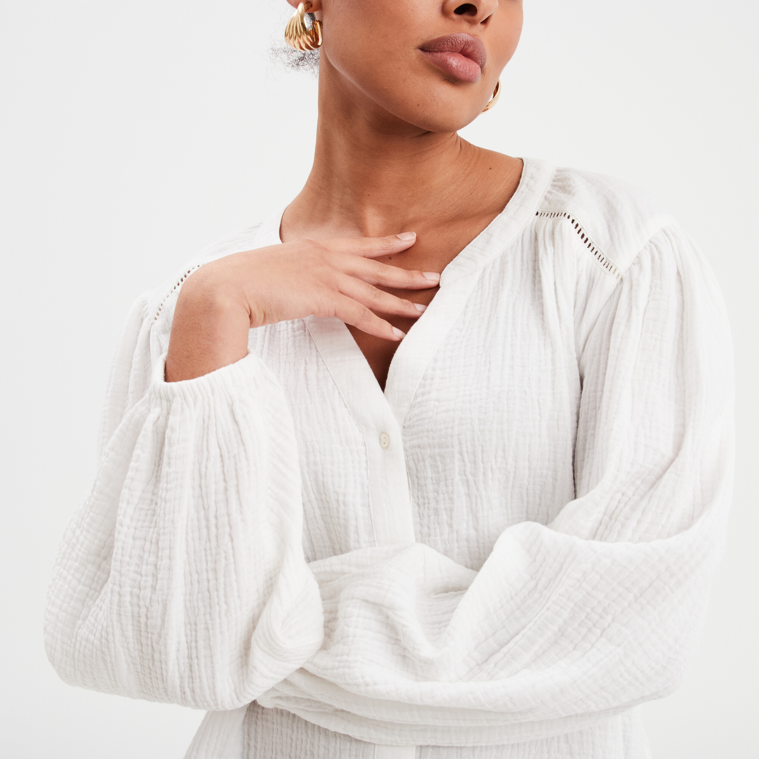 blouse col tunisien gaze de coton creeks blanc femme Blouse col tunisien gaze de coton Creeks blanc femme