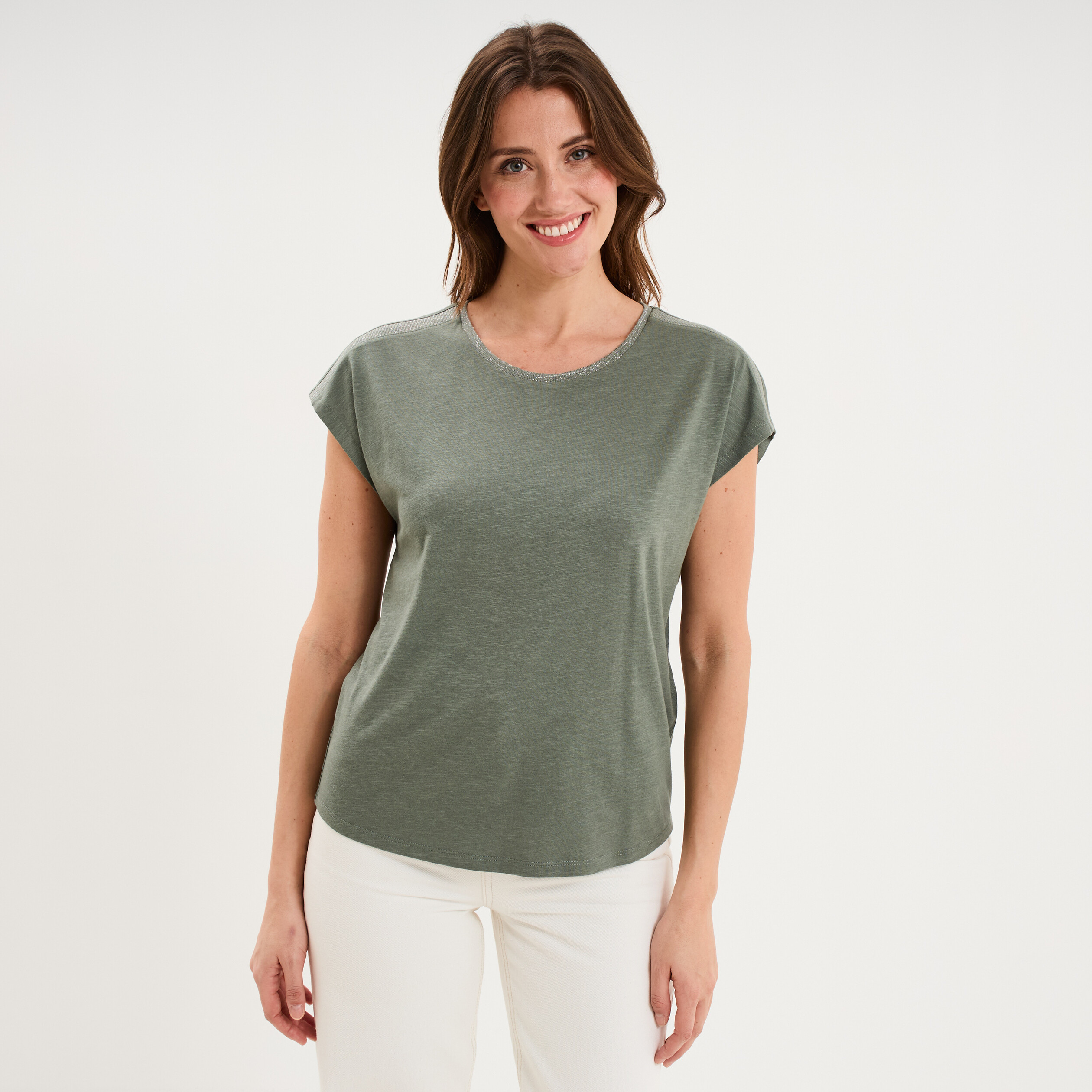 T-shirt col rond manches courtes vert kaki femme