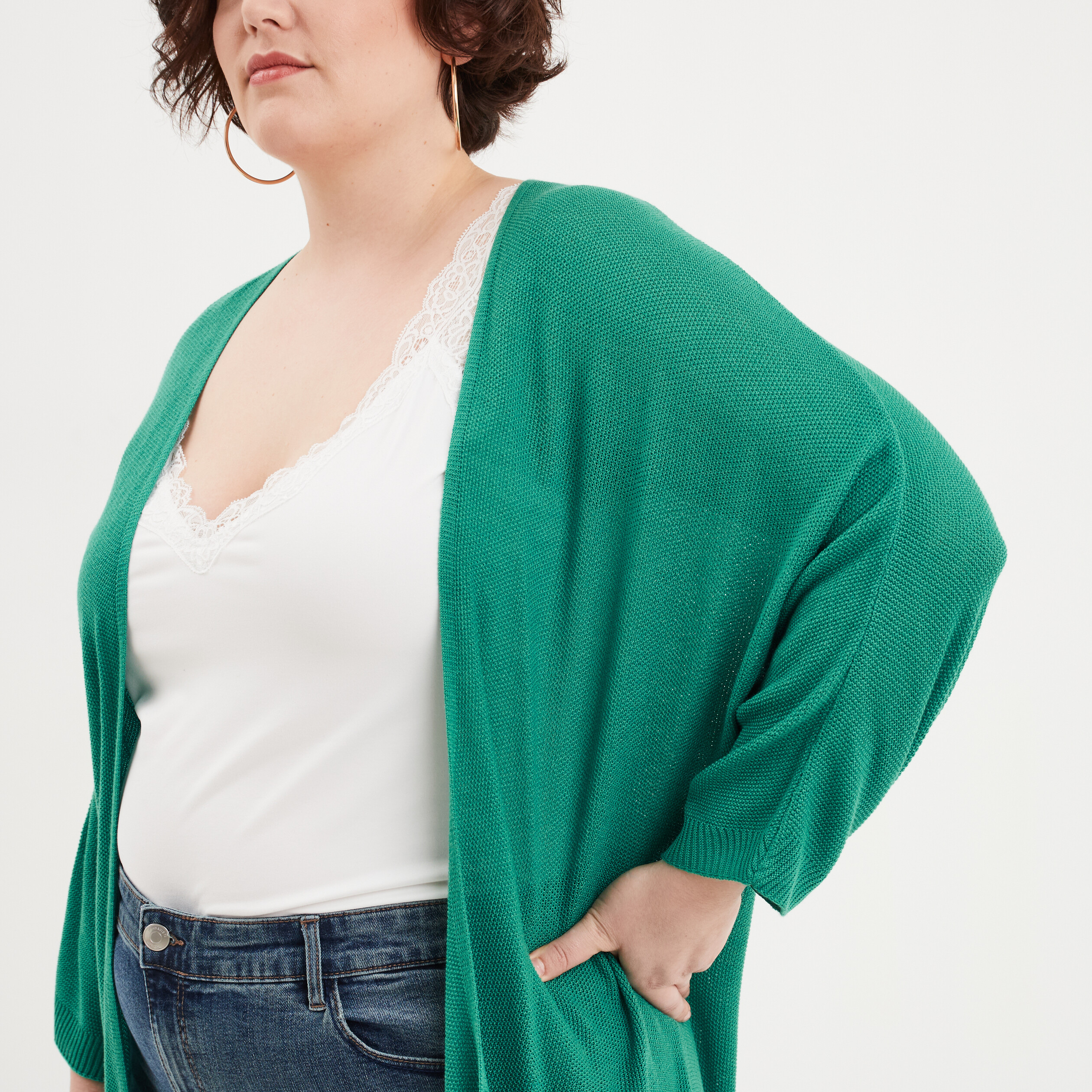 gilet col ouvert manches 34 vert emeraude femmegt Gilet col ouvert manches 3/4 vert émeraude femme grande taille