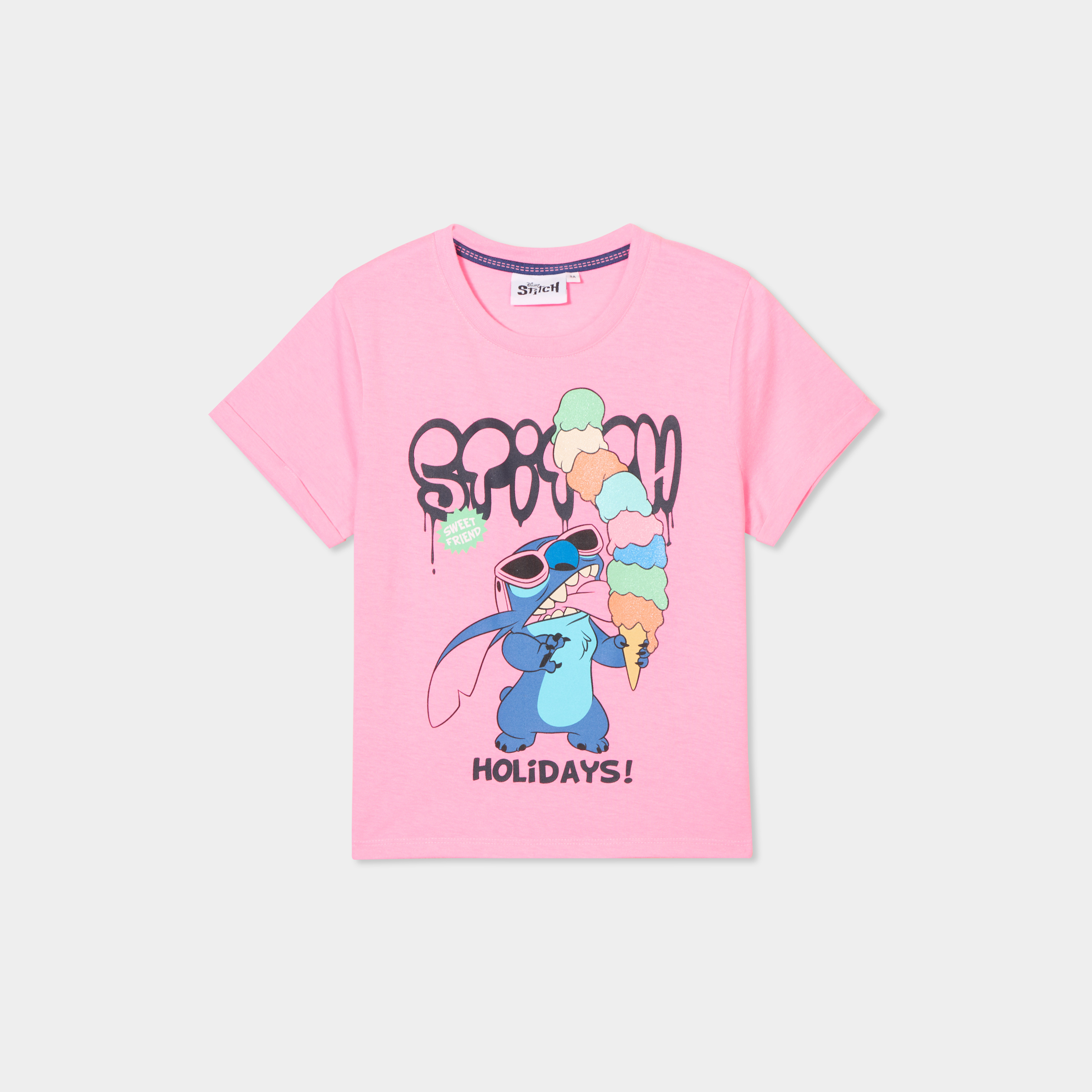 t shirt manches courtes stitch rose fluo fille T-shirt manches courtes Stitch rose fluo fille
