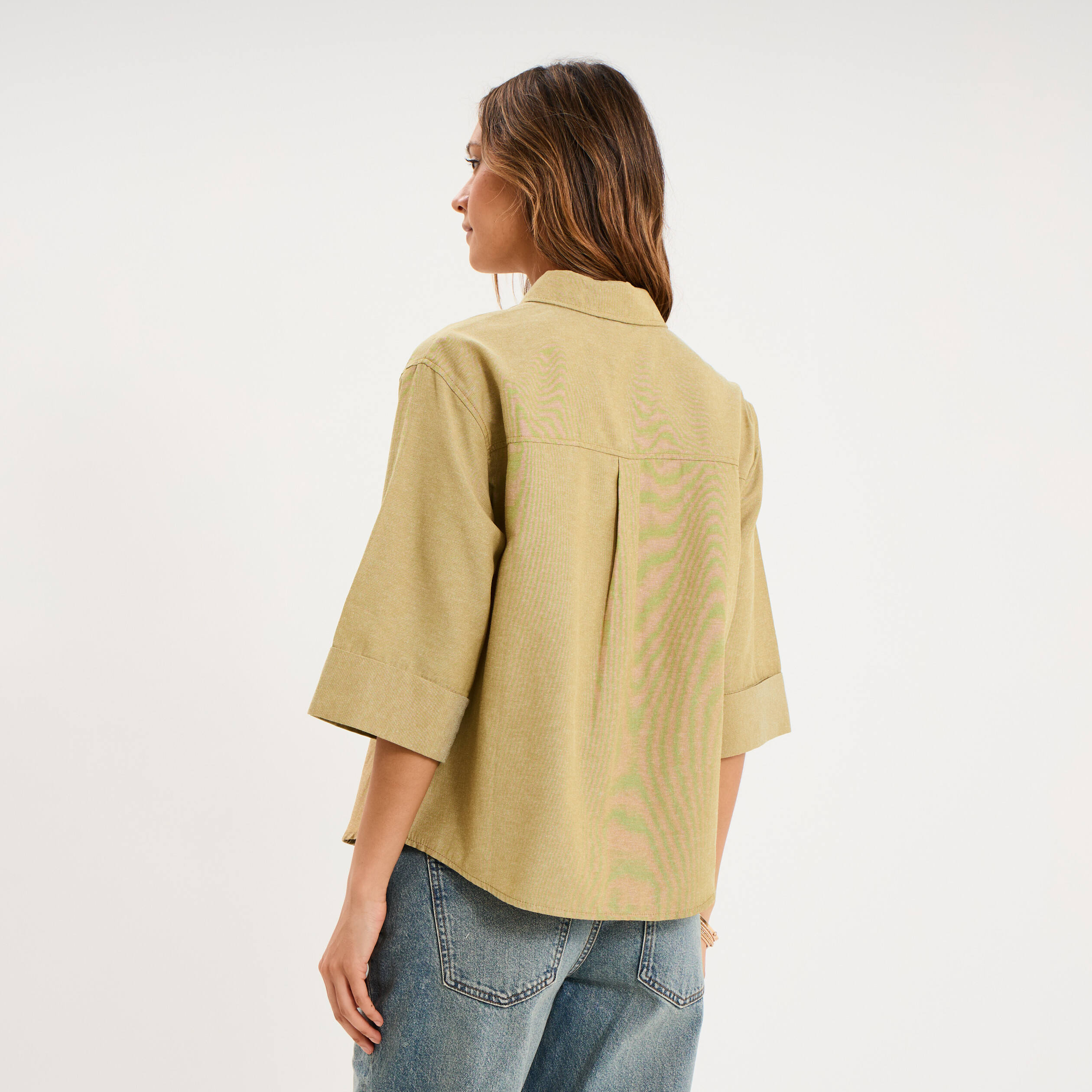 Chemise manches 3/4 poches poitrine vert olive femme