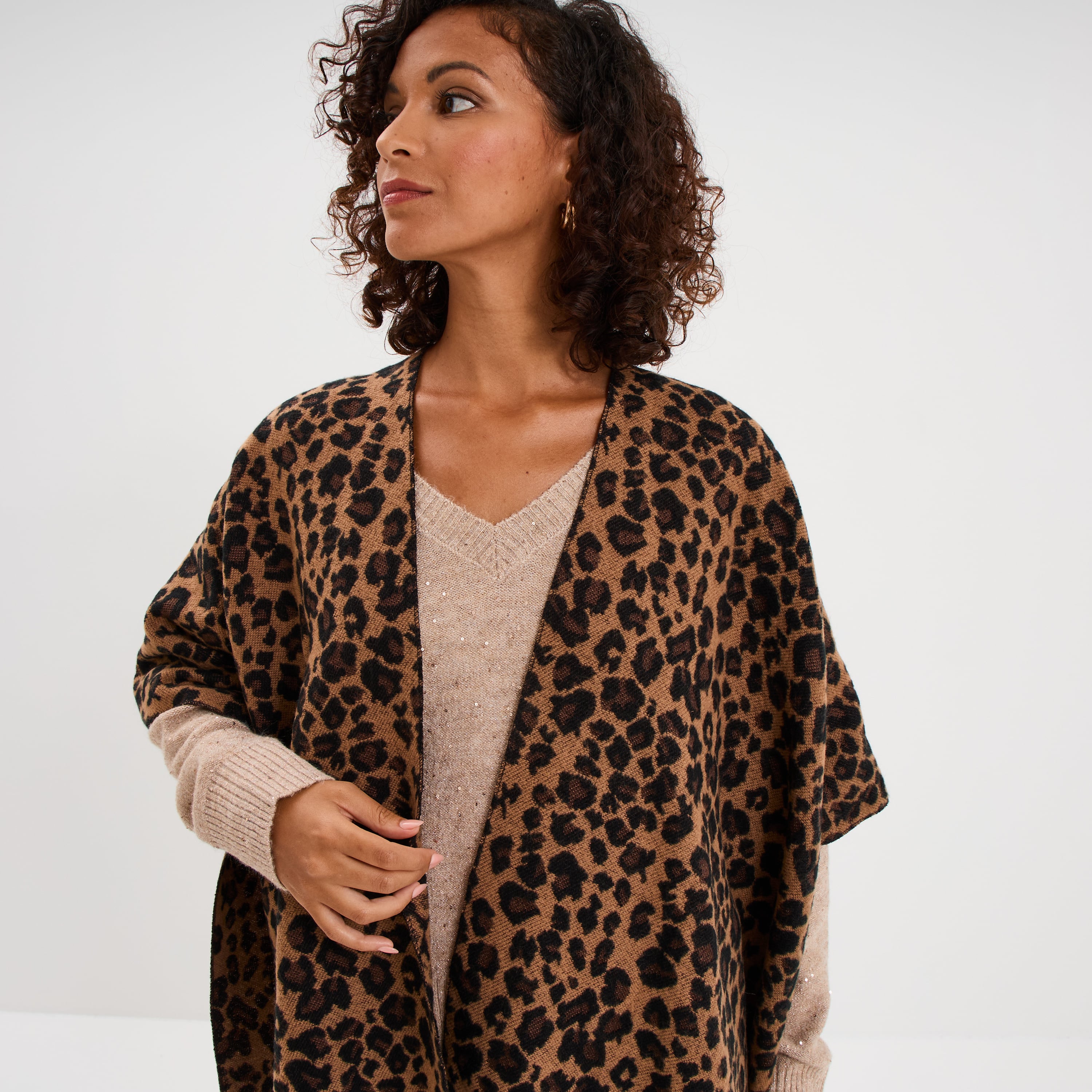 Poncho long &agrave; franges camel femme