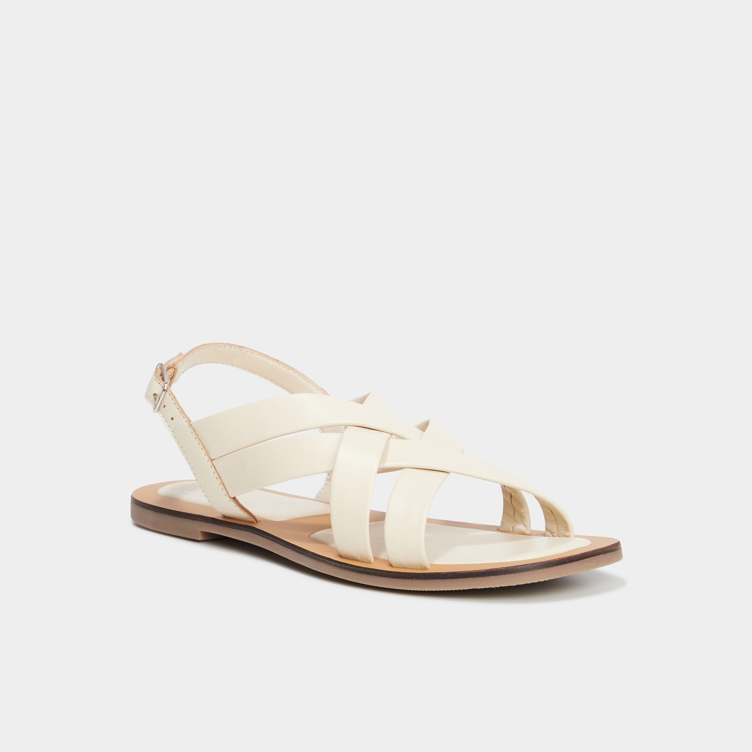 Sandales plates brides crois&eacute;es en cuir blanc femme