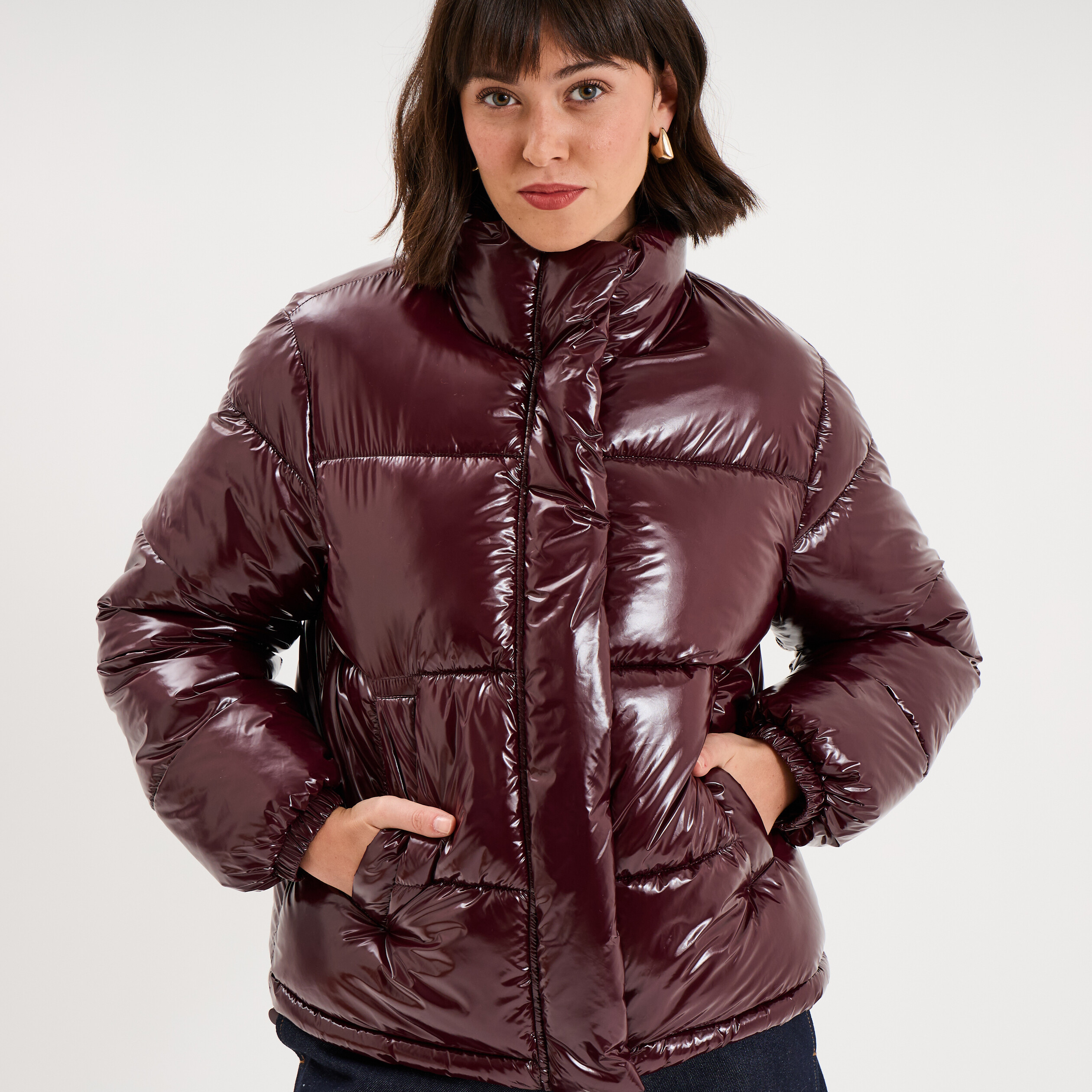 Doudoune courte oversize col montant violet fonc&eacute; femme