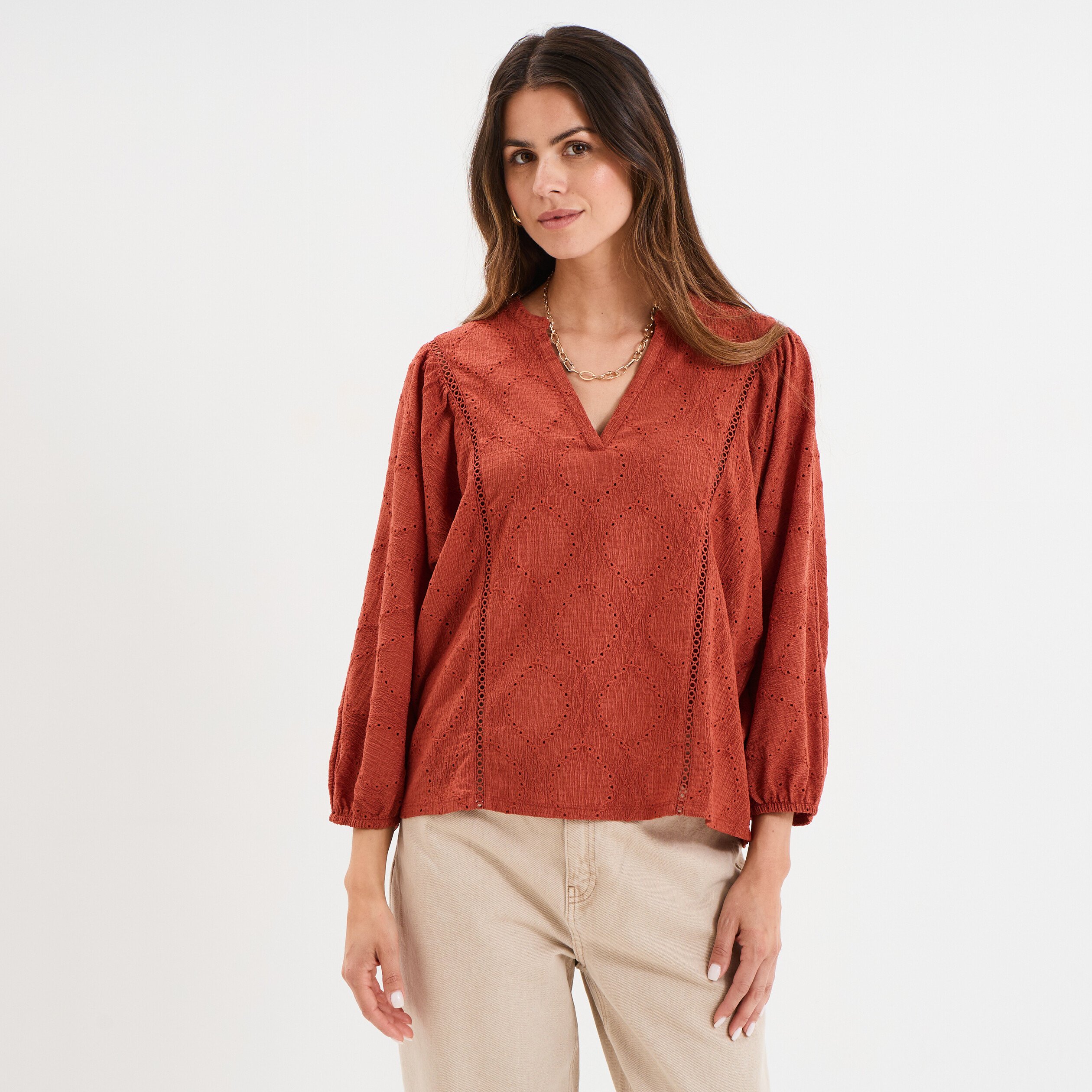t shirt ajoure manches 34 col en v vieux rose femme T-shirt ajouré manches 3/4 col en V vieux rose femme