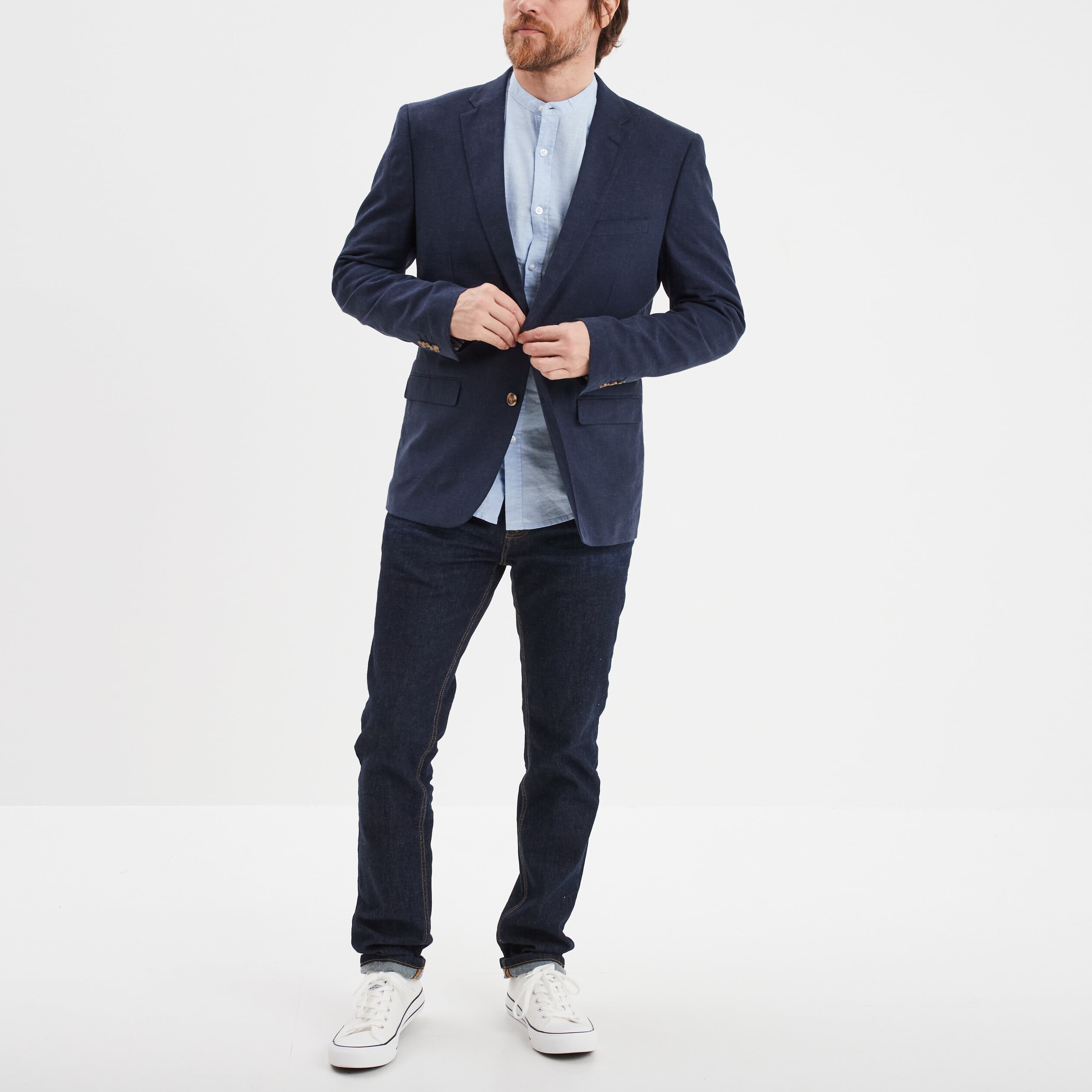 Veste blazer droite lin m&eacute;lang&eacute; bleu marine homme