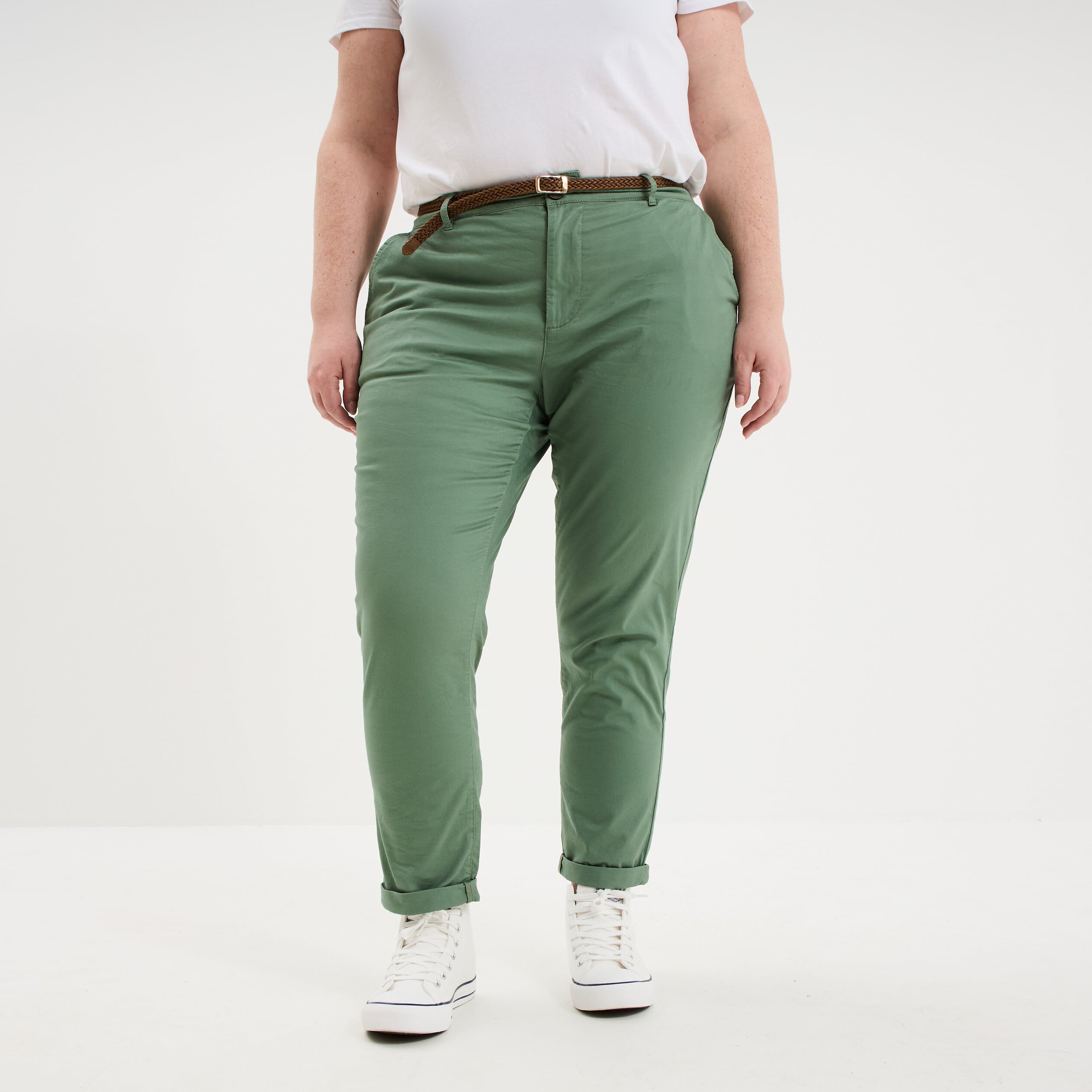 Pantalon chino taille haute coton vert kaki femme grande taille