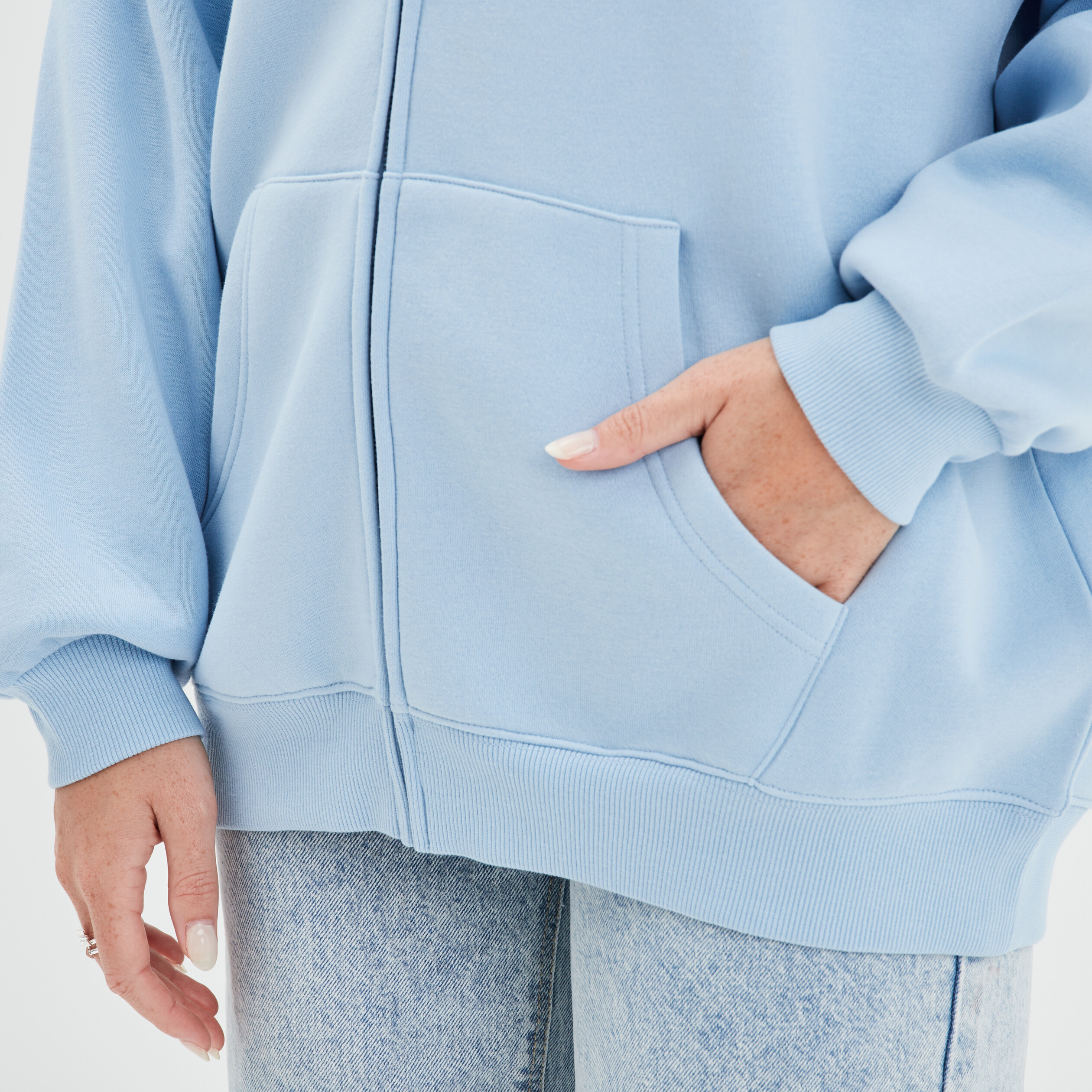 Sweat zippé à capuche oversize mi-long bleu gris femme