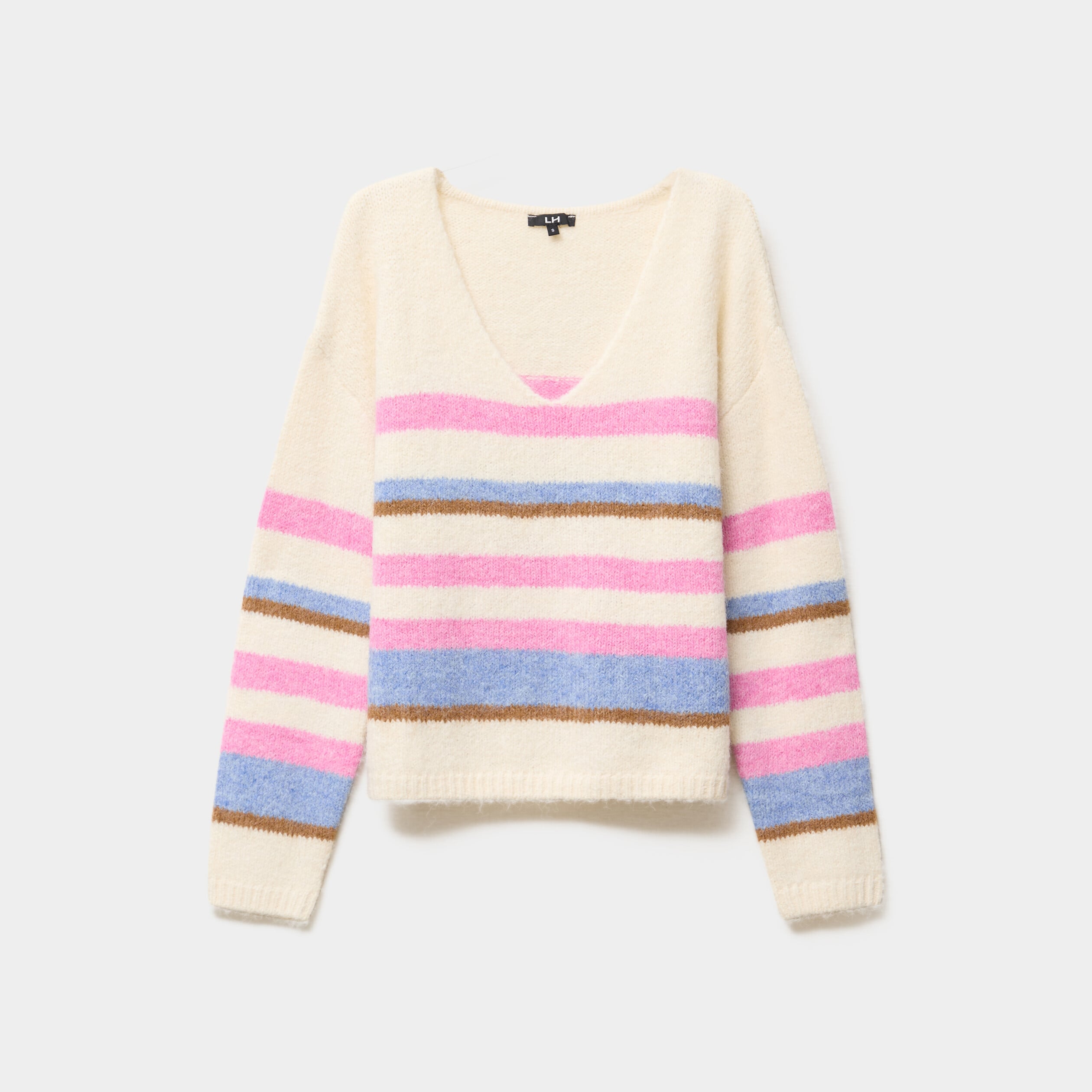 Pull col en V manches longues ecru femme