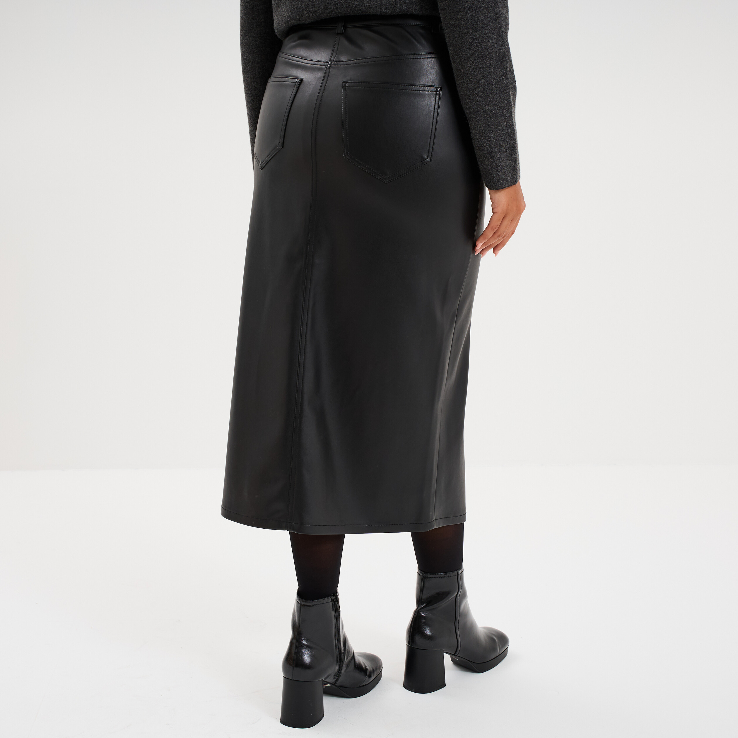 Jupe longue fendue en simili cuir noir femme