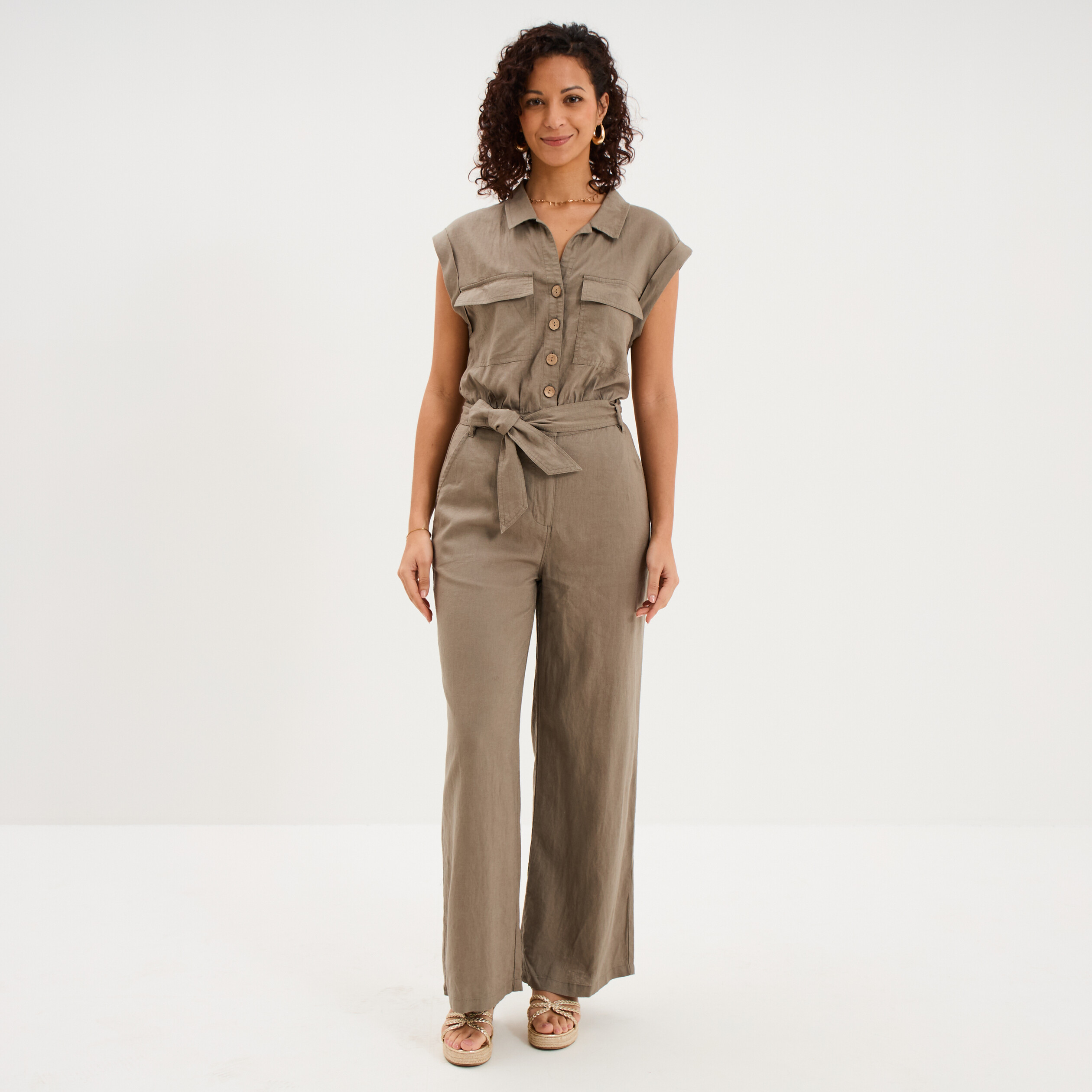 Combinaison pantalon lin m&eacute;lang&eacute; vert kaki femme