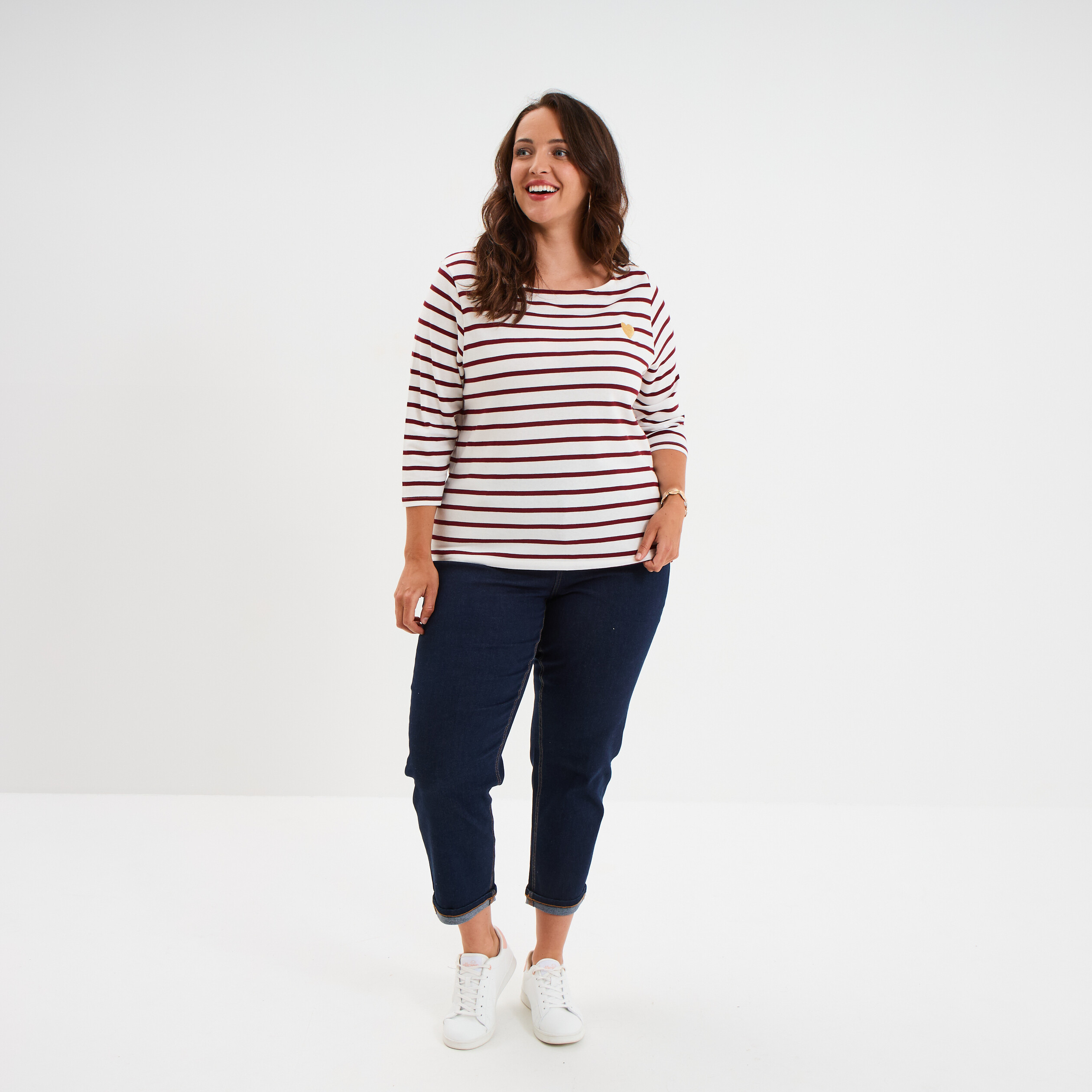 t shirt col rond manches 34 coton ecru femmegt T-shirt col rond manches 3/4 coton ecru femme grande taille