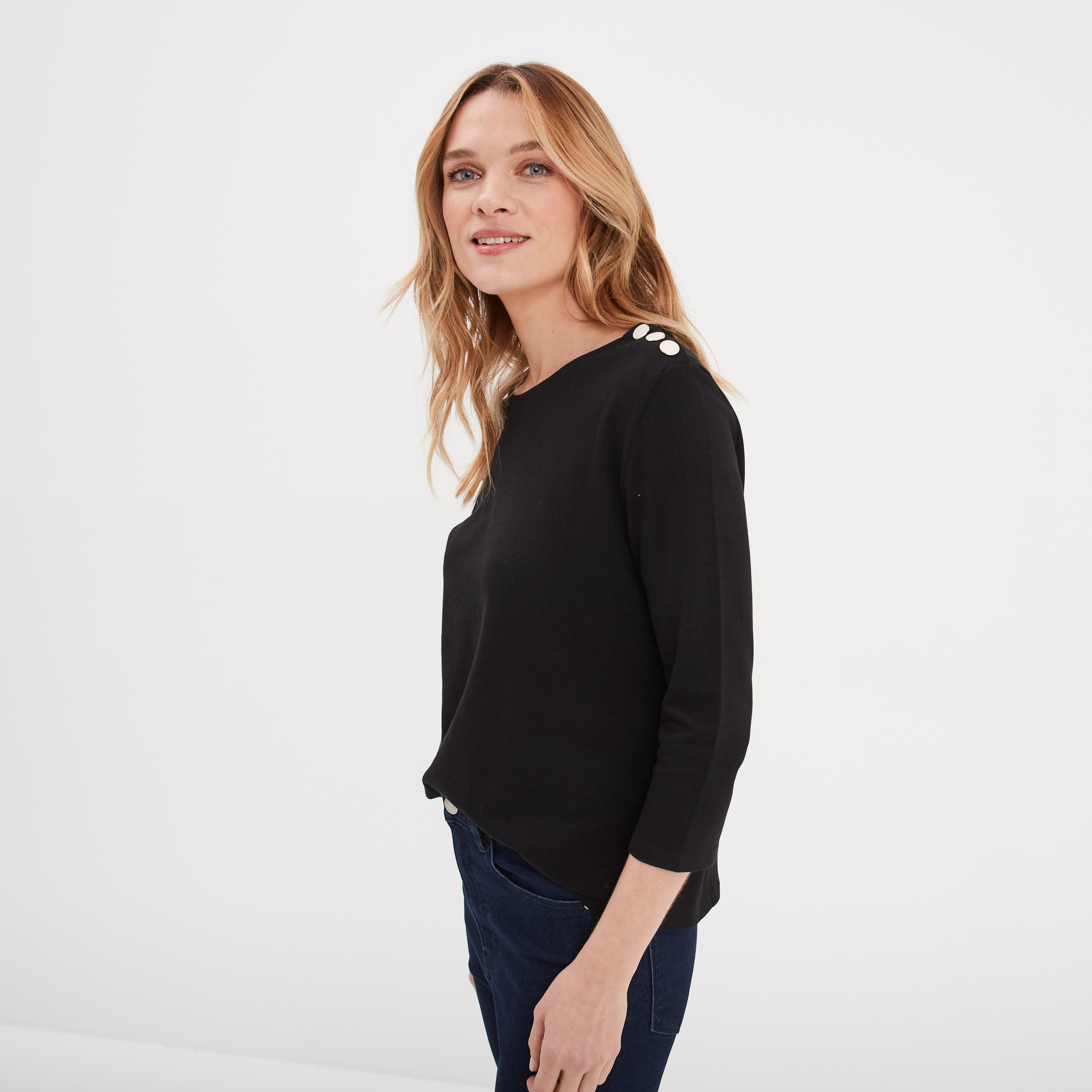 T shirt manches 3 4 col rond coton noir femme La Halle