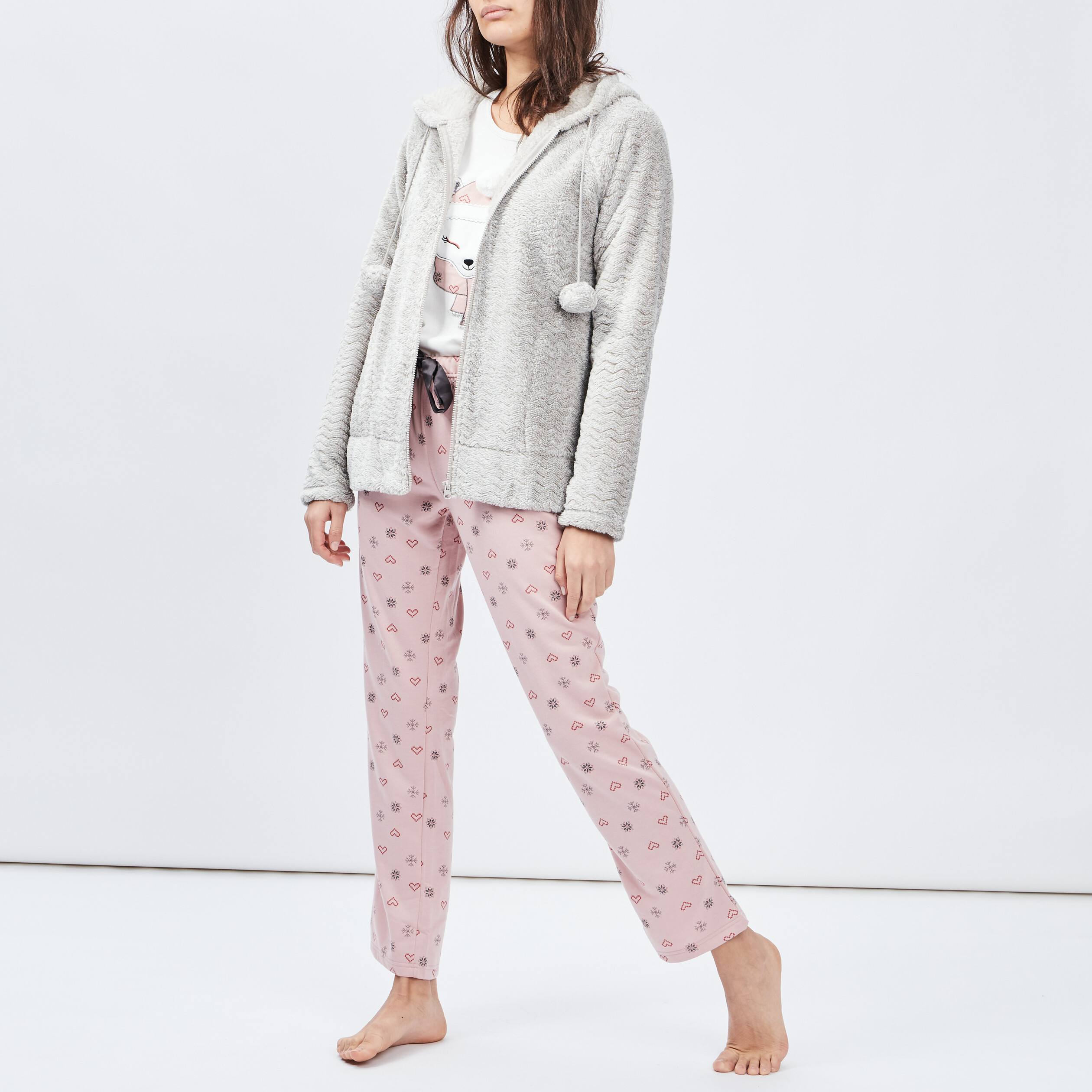 Veste de pyjama plaid à capuche gris femme