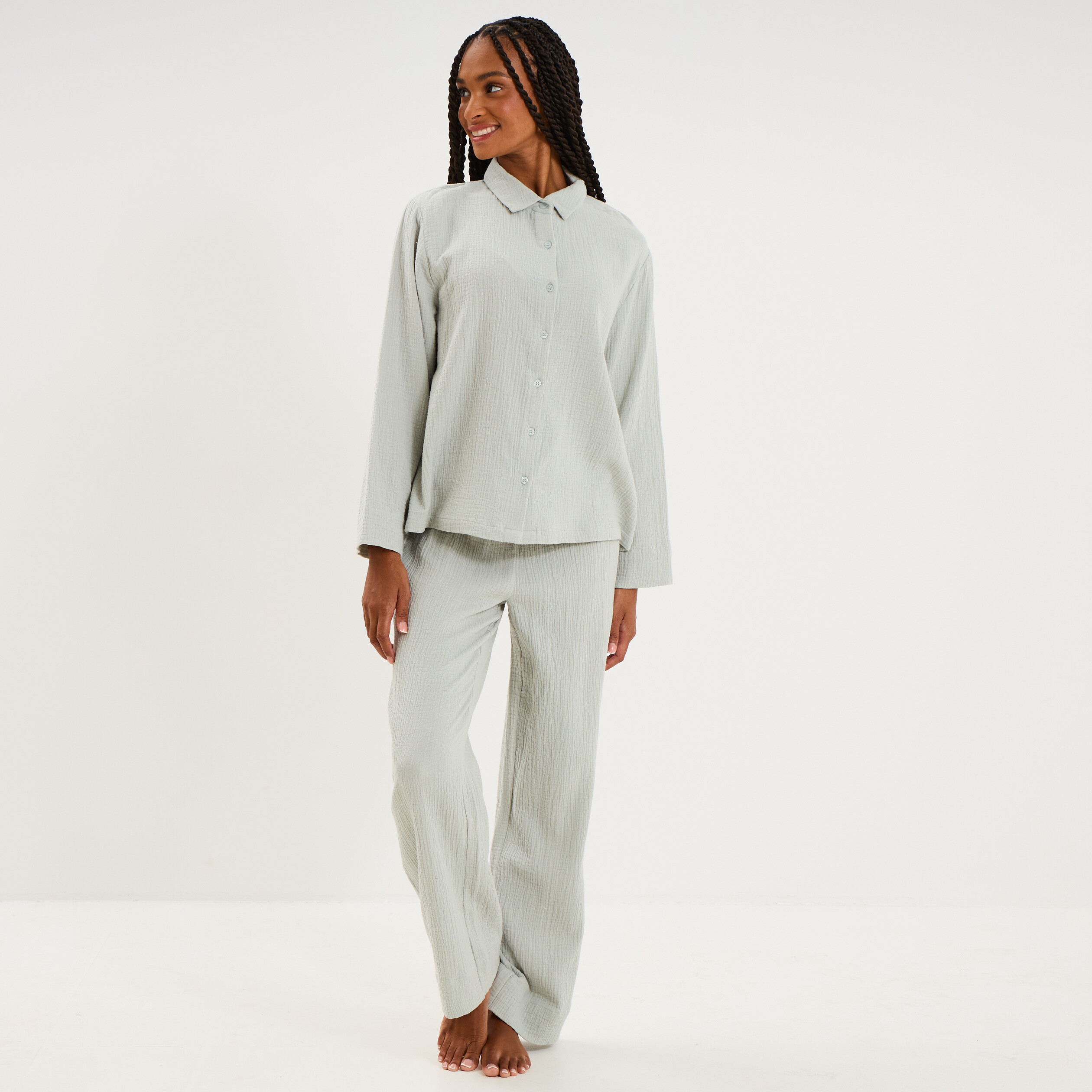 Ensemble pyjama chemise gaze de coton vert clair femme