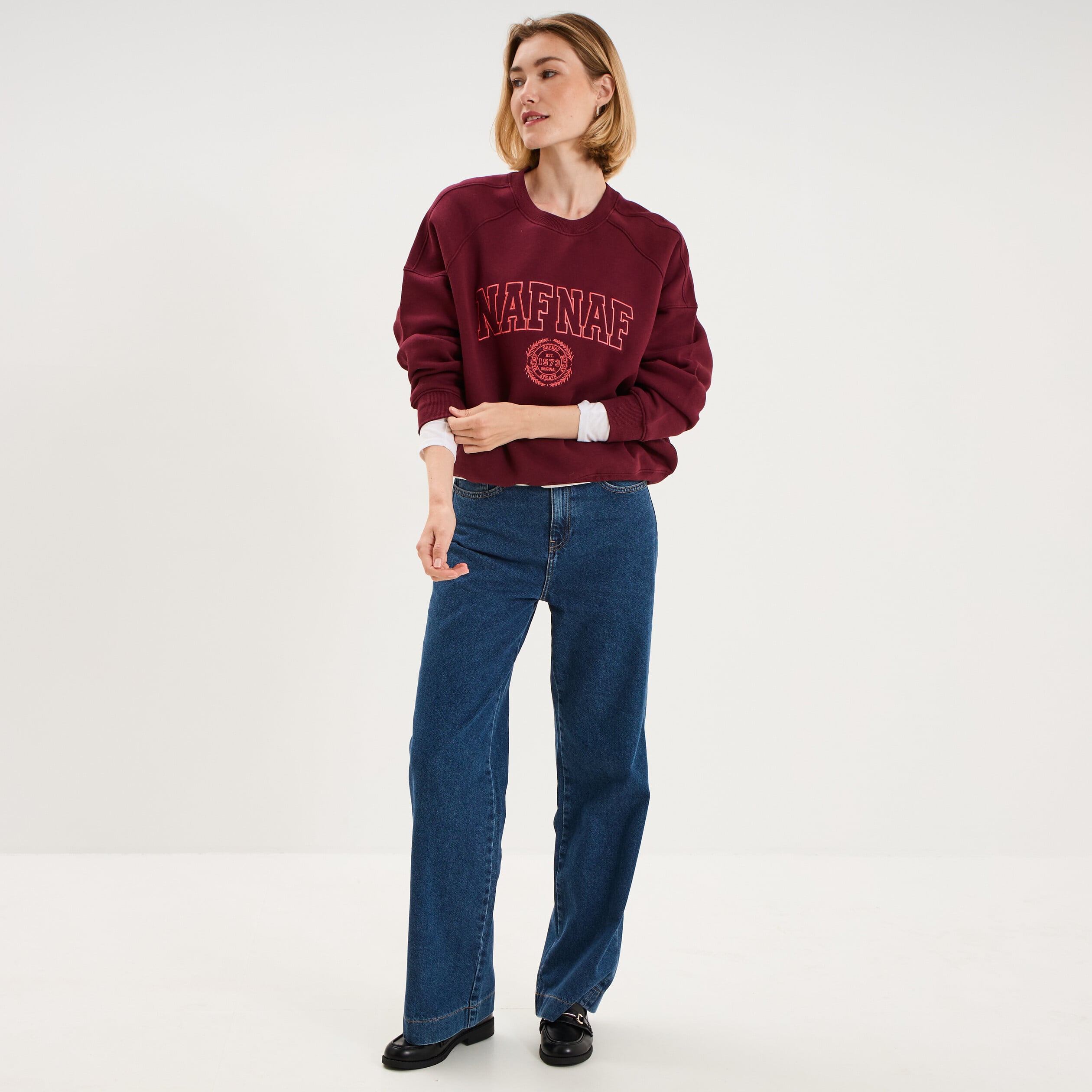 Sweat oversize logo NAF NAF brod&eacute; bordeaux femme