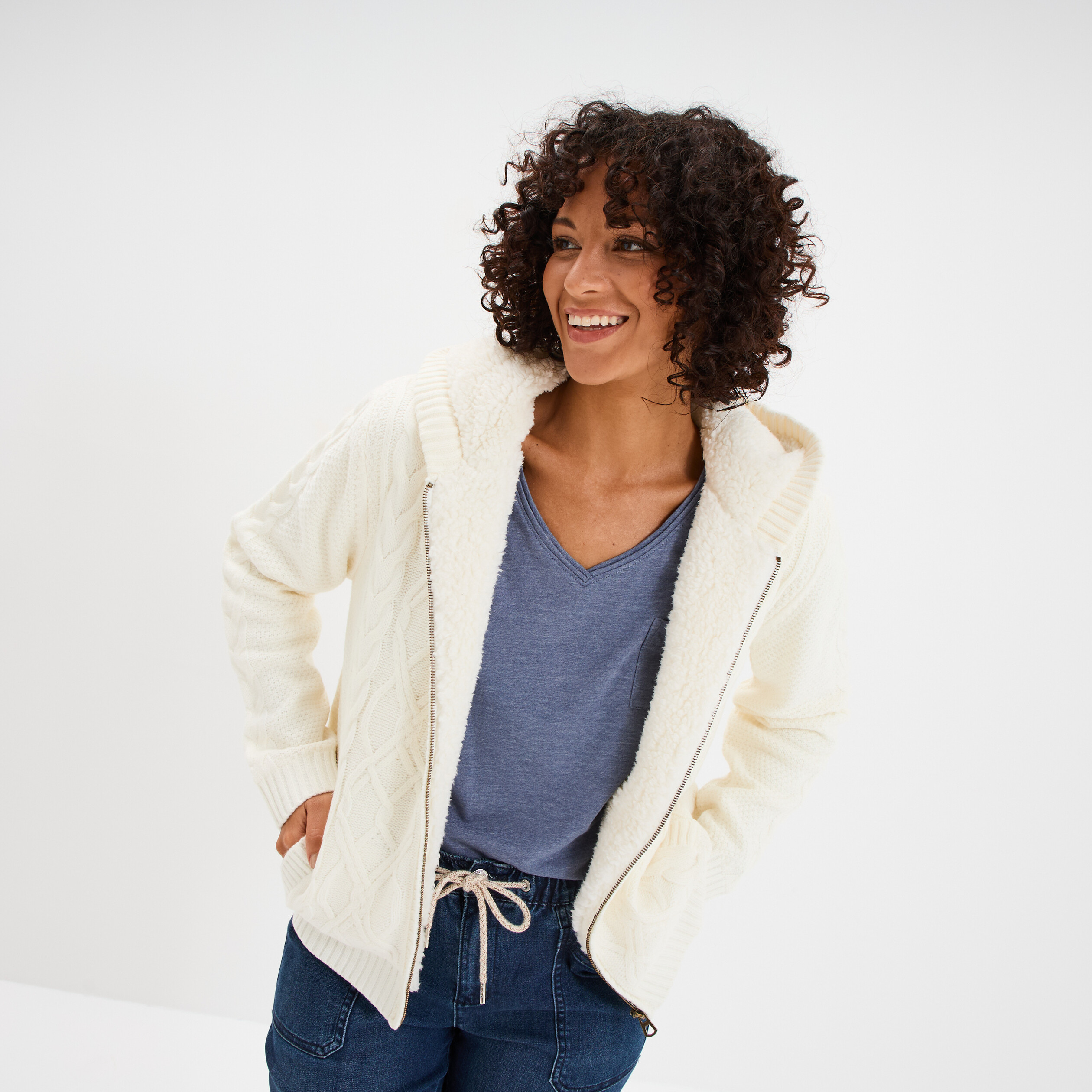 Sweat zipp&eacute; doublure effet sherpa ecru femme