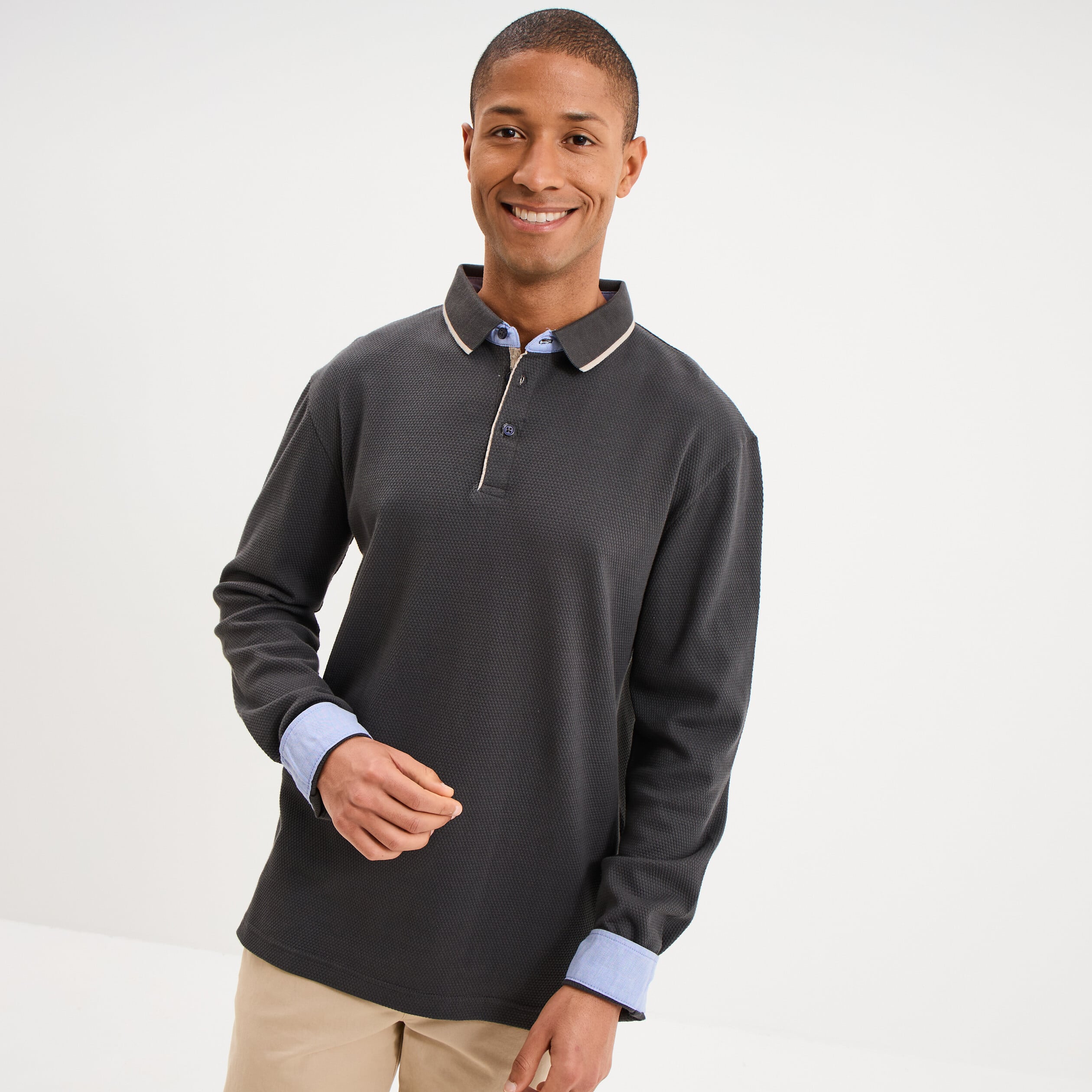 Polo piqu&eacute; droit manches longues coton gris homme