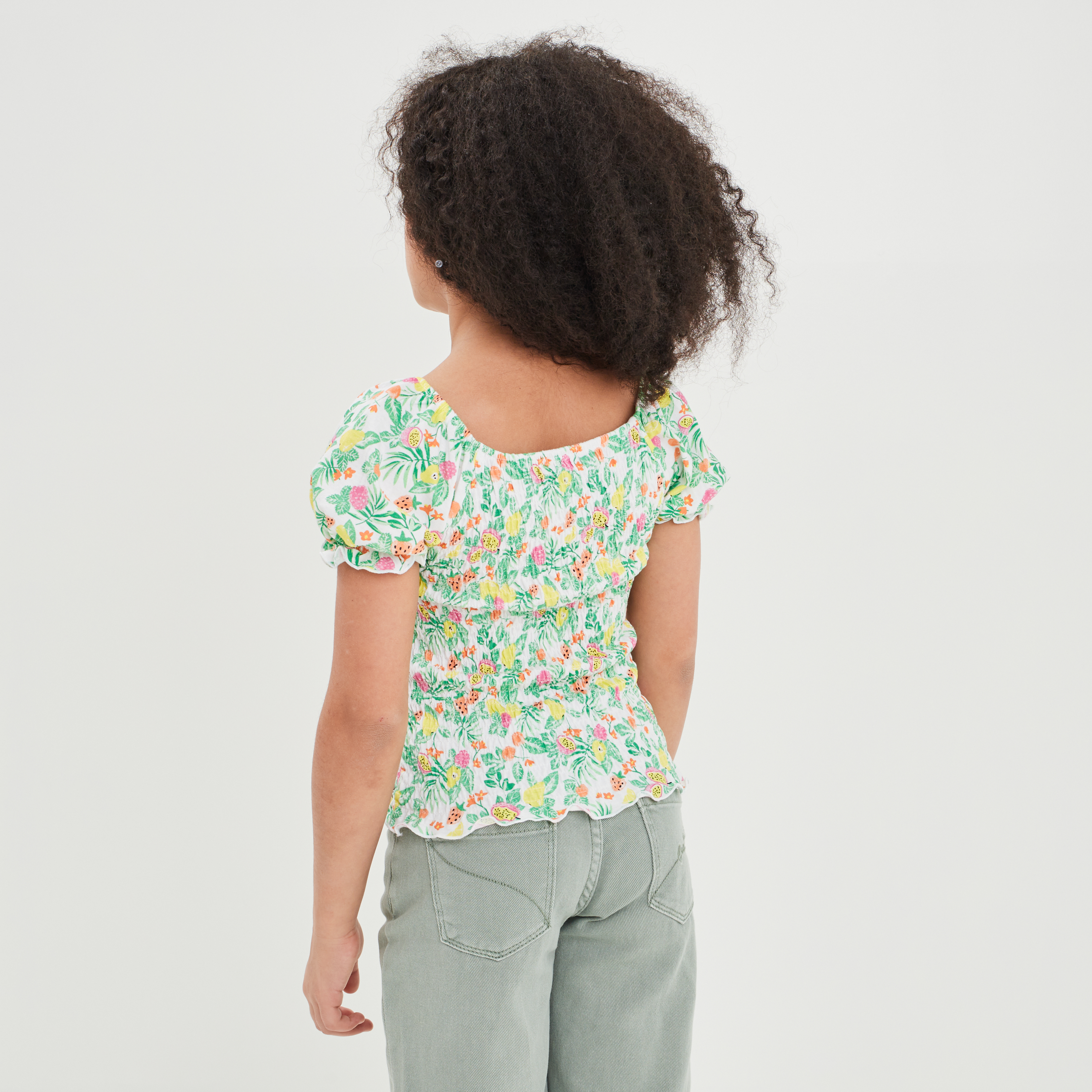 T-shirt smocké à manches ballons courtes blanc fille
