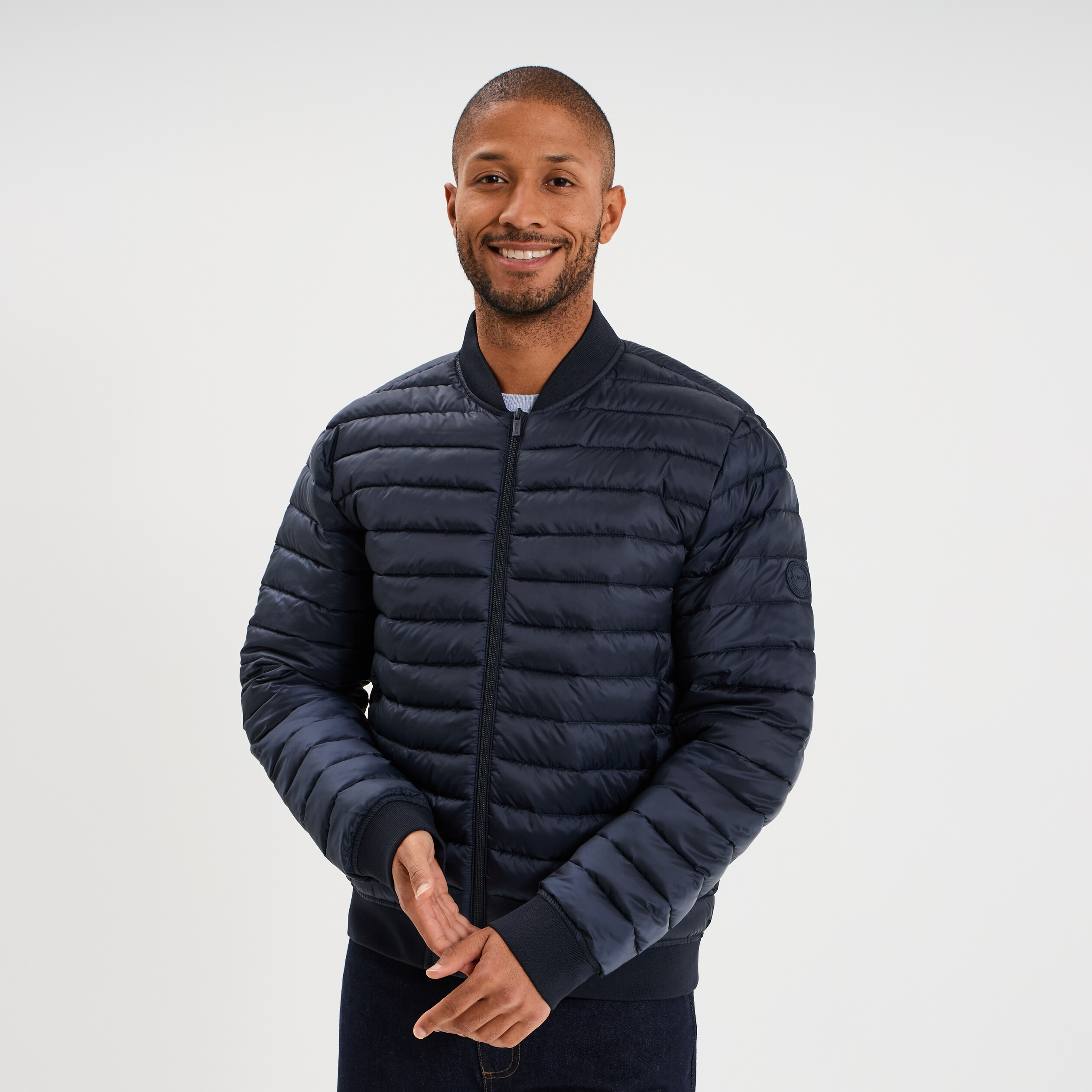 Doudoune l&eacute;g&egrave;re d&eacute;perlante col teddy bleu marine homme