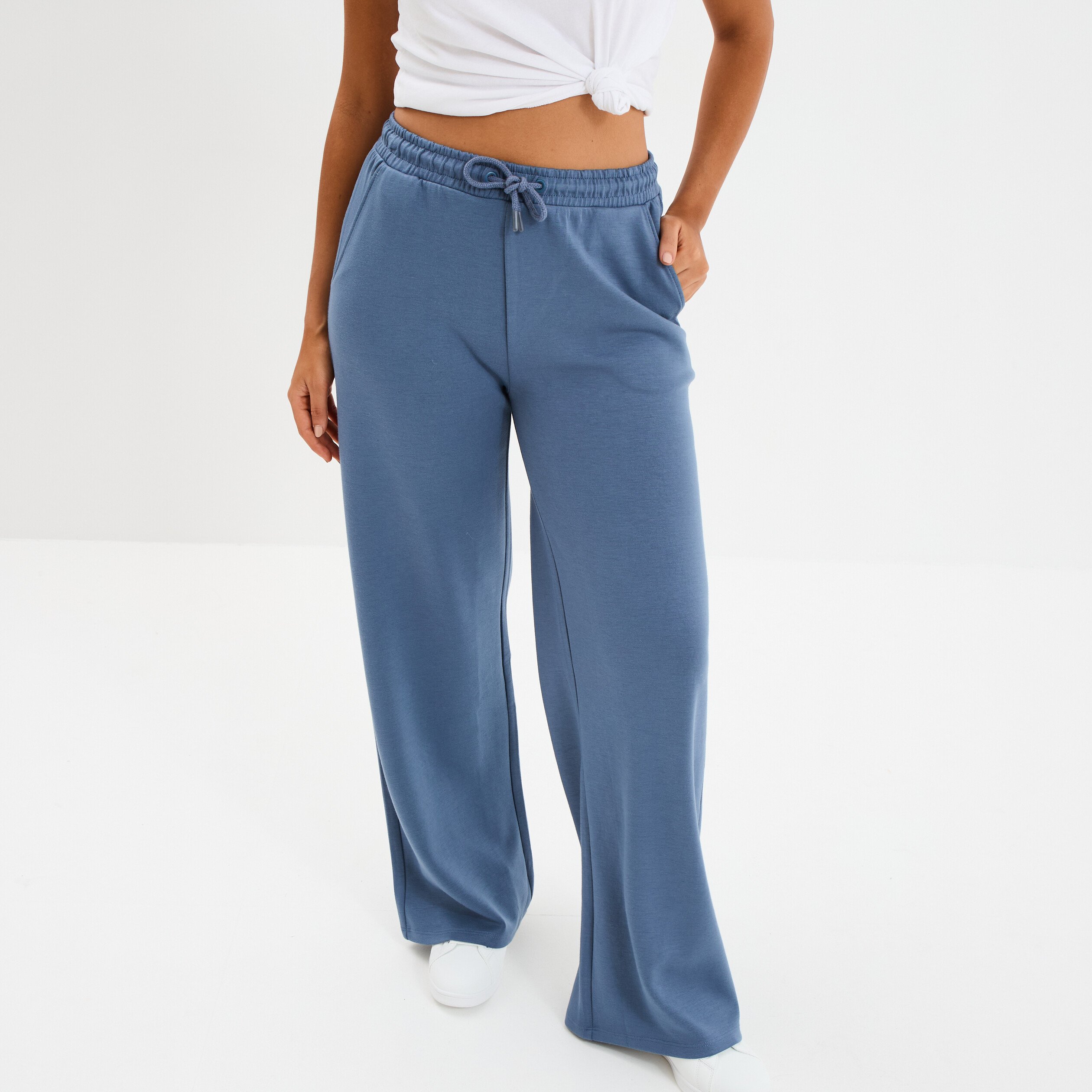 pantalon de jogging large elastique bleu gris femme Pantalon de jogging large élastiqué bleu gris femme