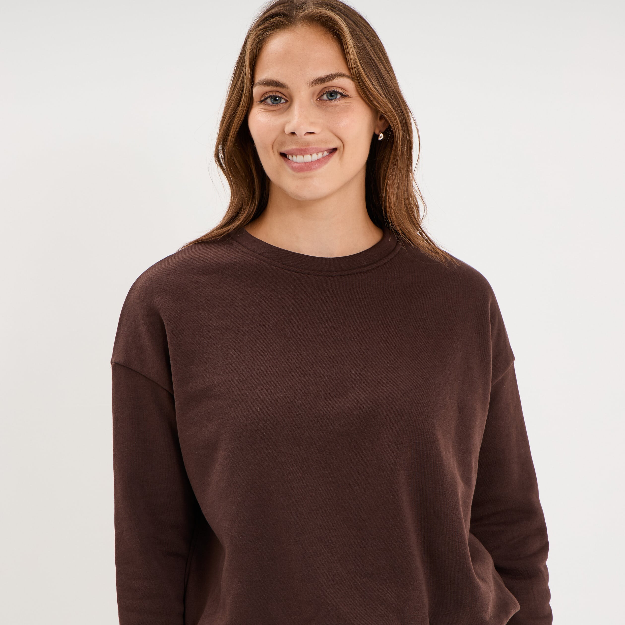 Sweat col rond manches longues marron fonc&eacute; femme