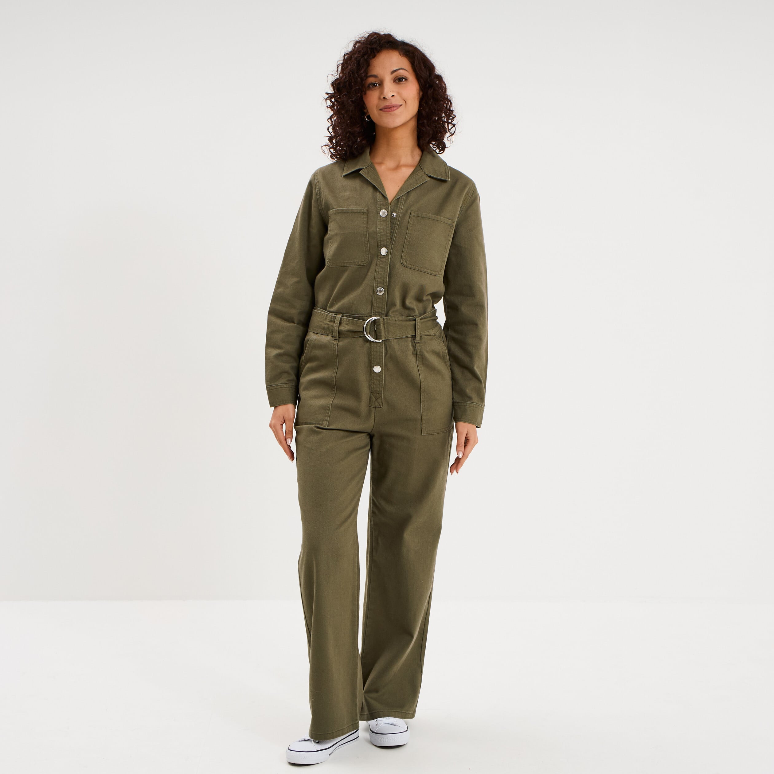 Combinaison pantalon ceintur&eacute;e coton vert kaki femme