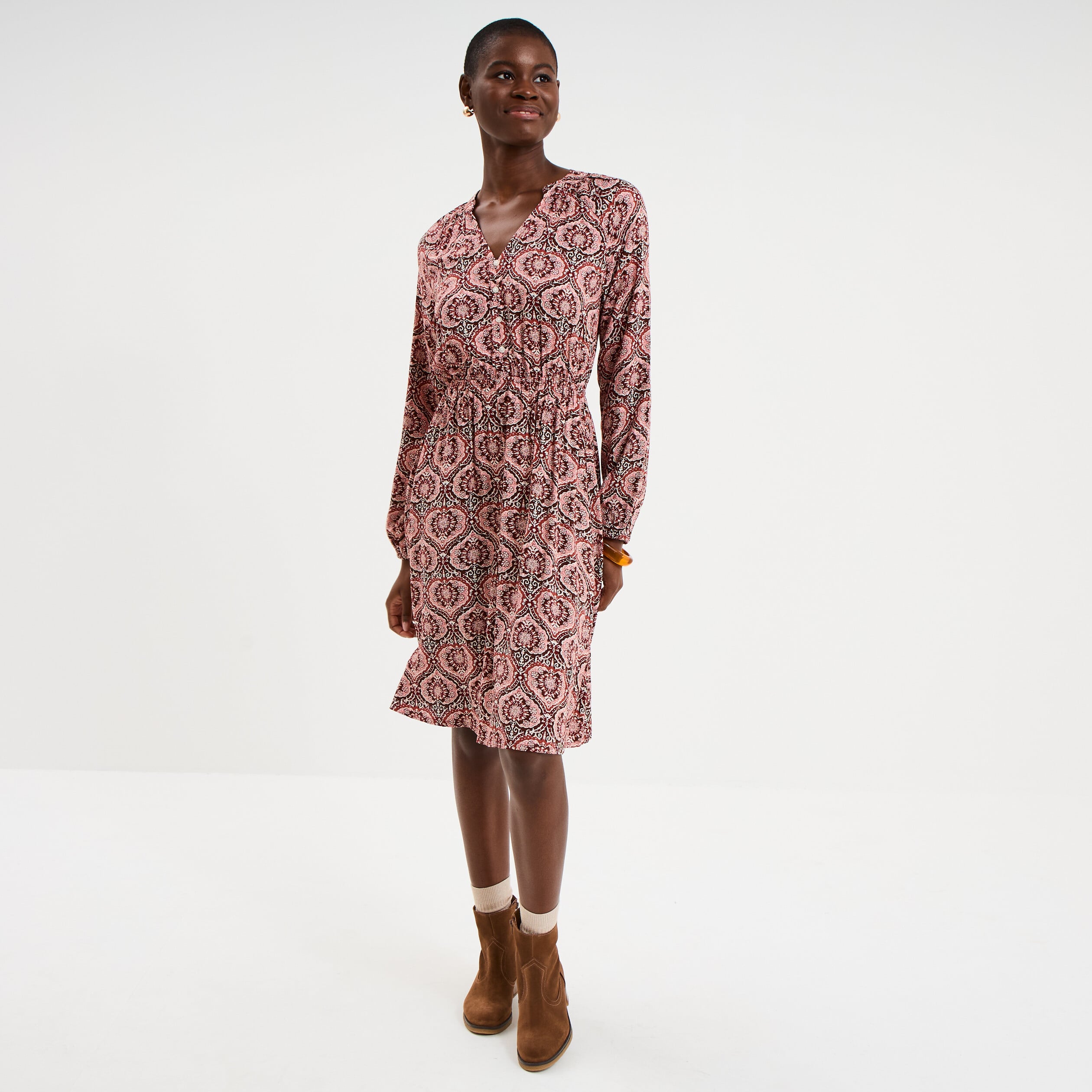Robe longueur genou fluide col en V marron chocolat femme