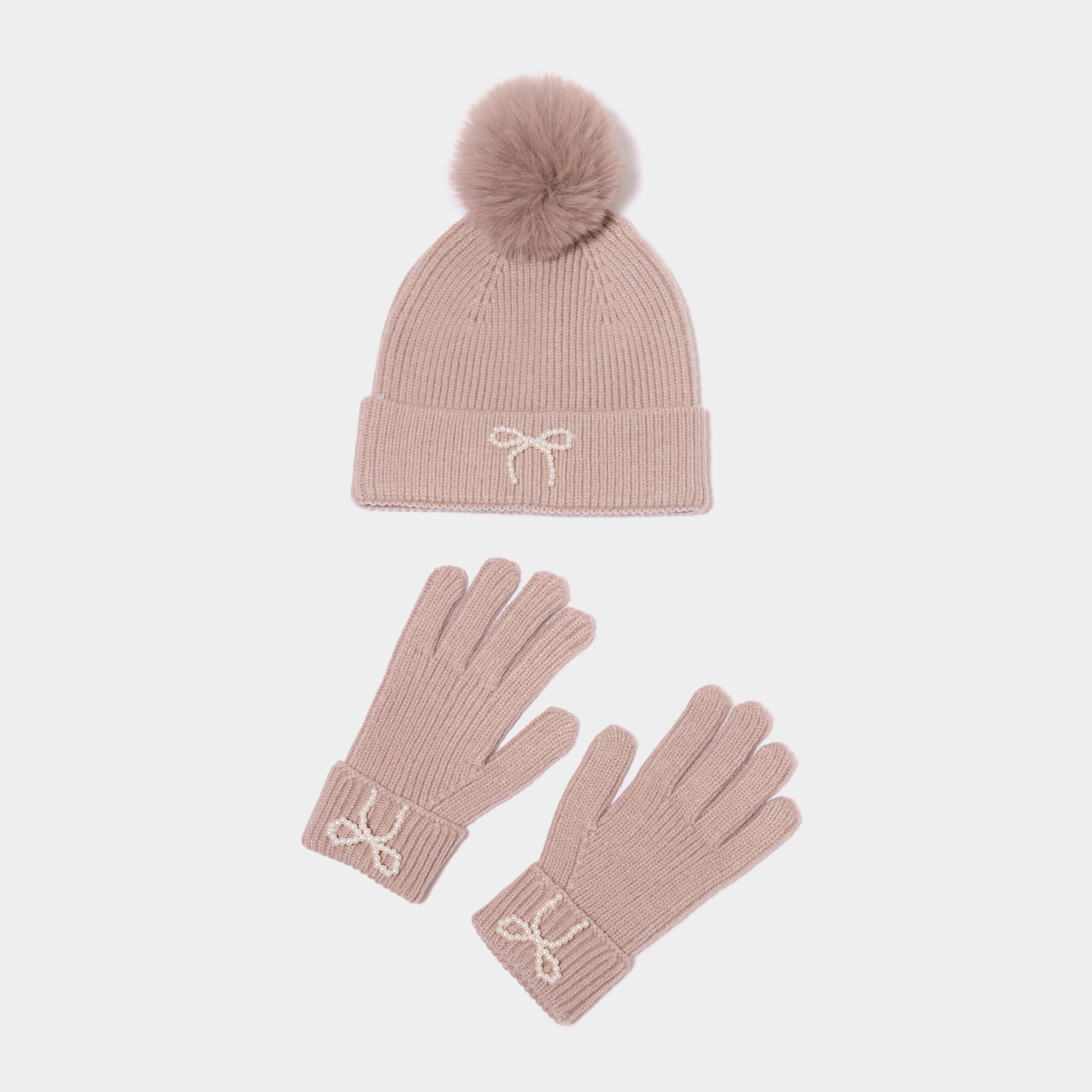 Ensemble bonnet et gants avec perles beige fille