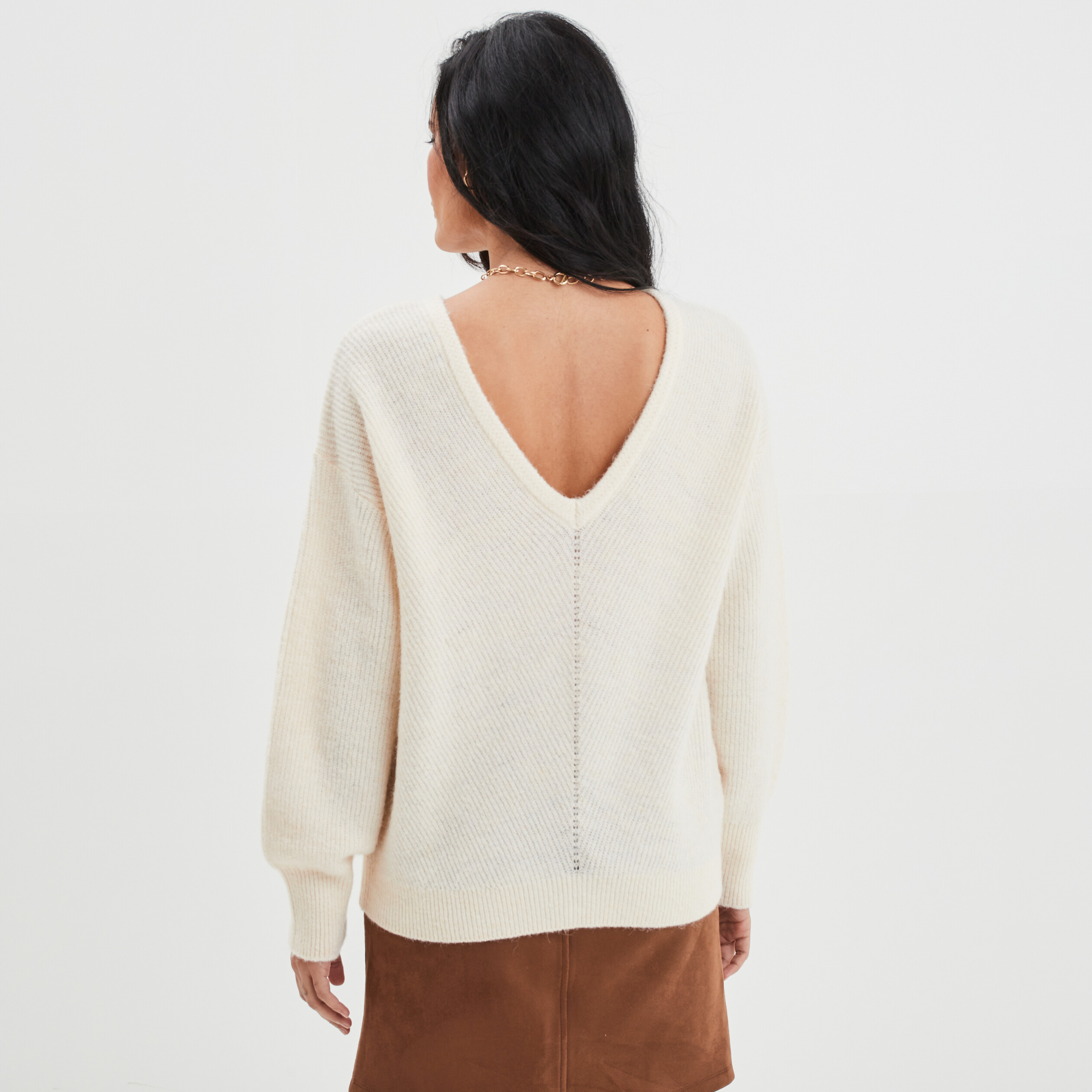 Pull réversible dos col en V creme femme
